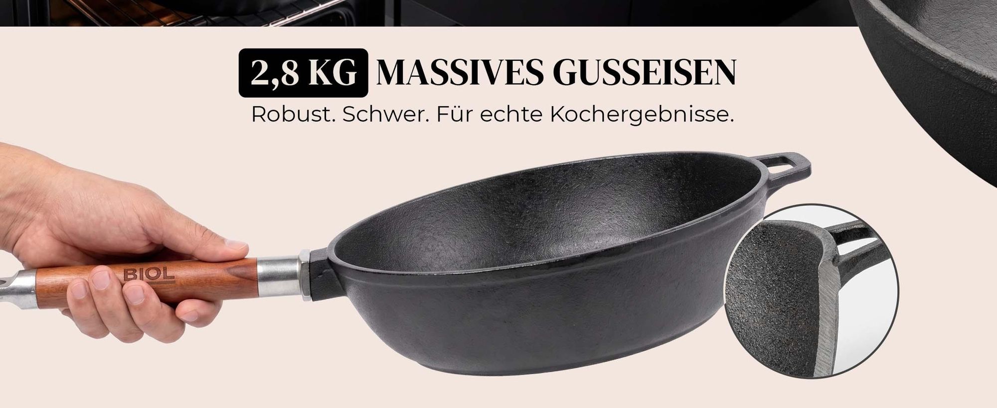 BIOL Gusseiserne Pfanne mit abnehmbarem Griff, 28 cm