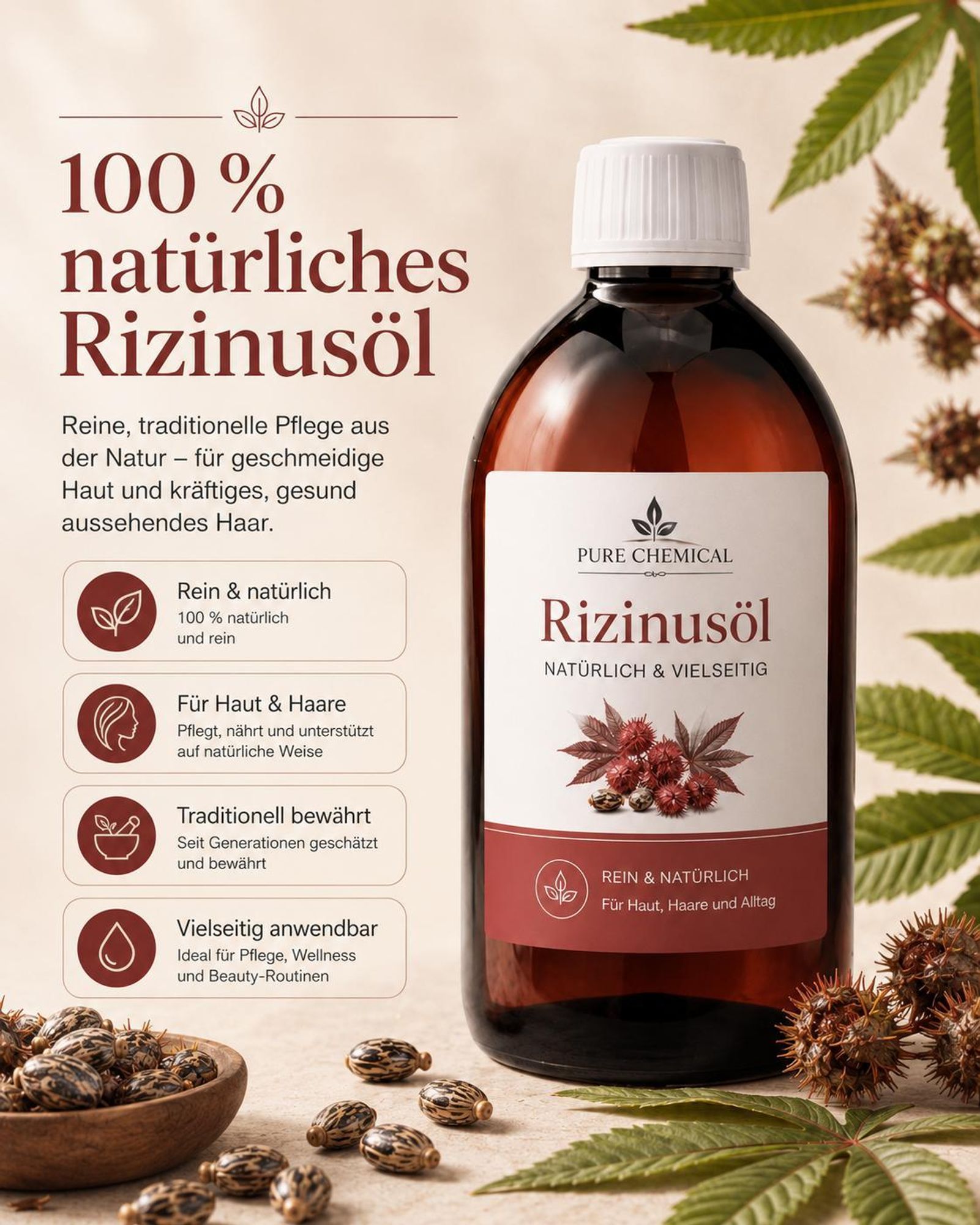 PURE CHEMICAL | Rizinusöl | unraffiniert | kaltgepresst | natürlich aus Indien | 1 L