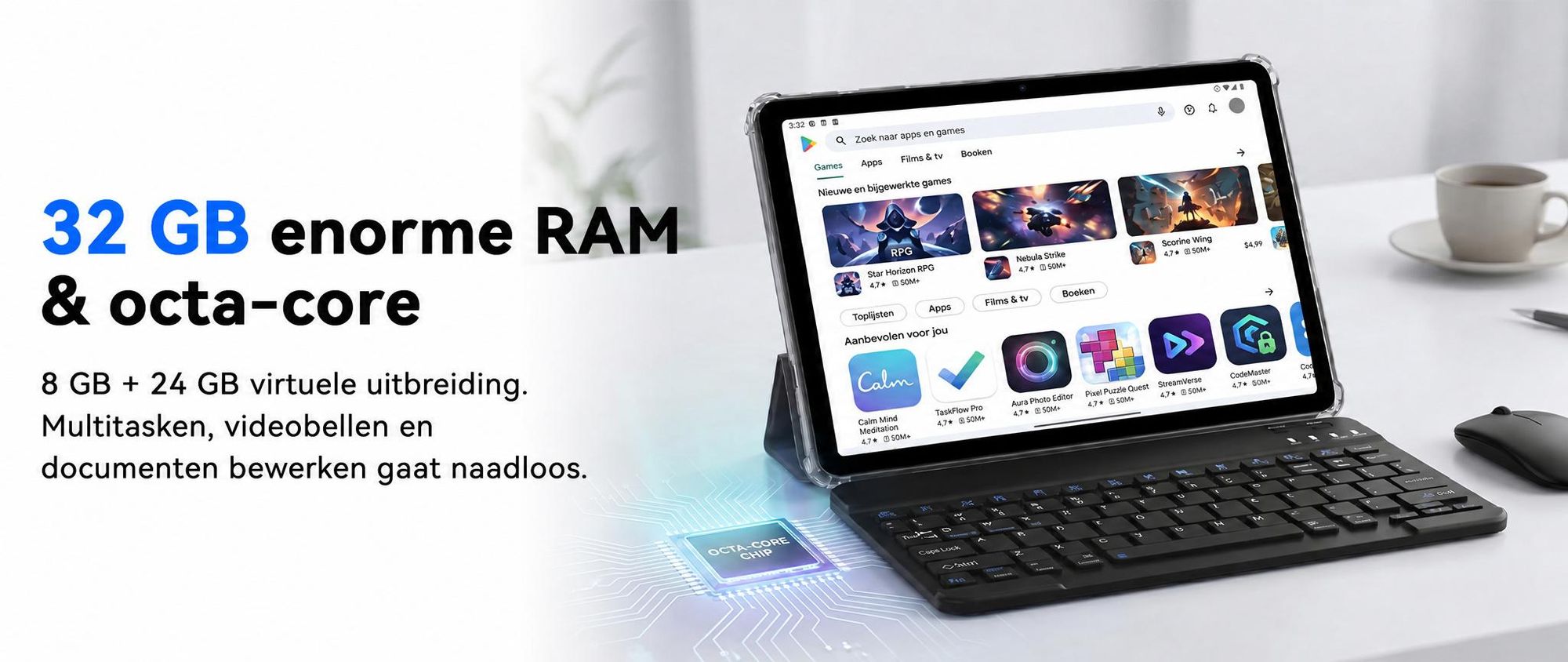 TABWEE T70 11" Tablet, 32(8+24)+256GB, Android 16, 8000mAh, BT5.0, Face ID, Widevine L1, Rheinland, Inclusief toetsenbord, muis, stylus enz.