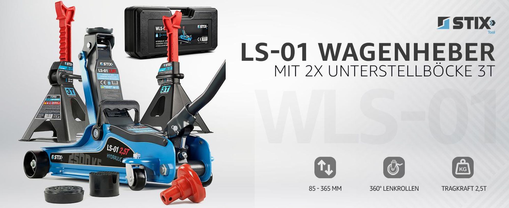 Wagenheber hydraulisch 2,5T 85-365mm mit Koffer + 2x Unterstellböcke Stützböcke