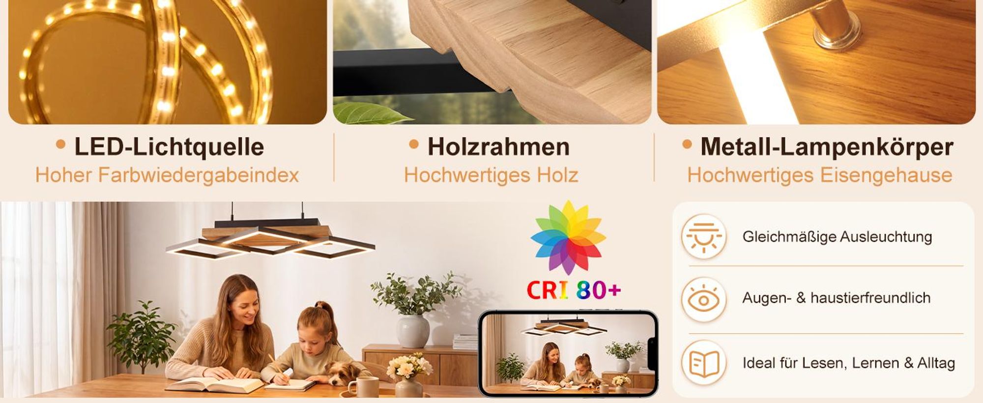Suspension ZMH, lampe pour table à manger, abat-jour en bois, lampe pour salle à manger, variateur LED, suspension noire, 31W, avec télécommande, réglable en hauteur, idéale pour la salle à manger et la cuisine