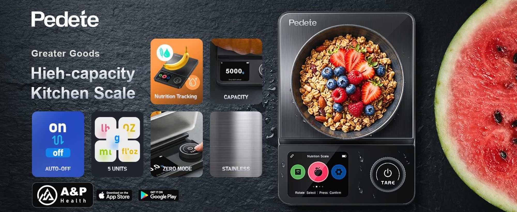 Küchenwaage Digitale ProfiFein waage Kitchen Scale mit LCD Display,Bluetooth App,optionaler Nährwertanalyse,Tara-Funktion Zahnrad-Taste.