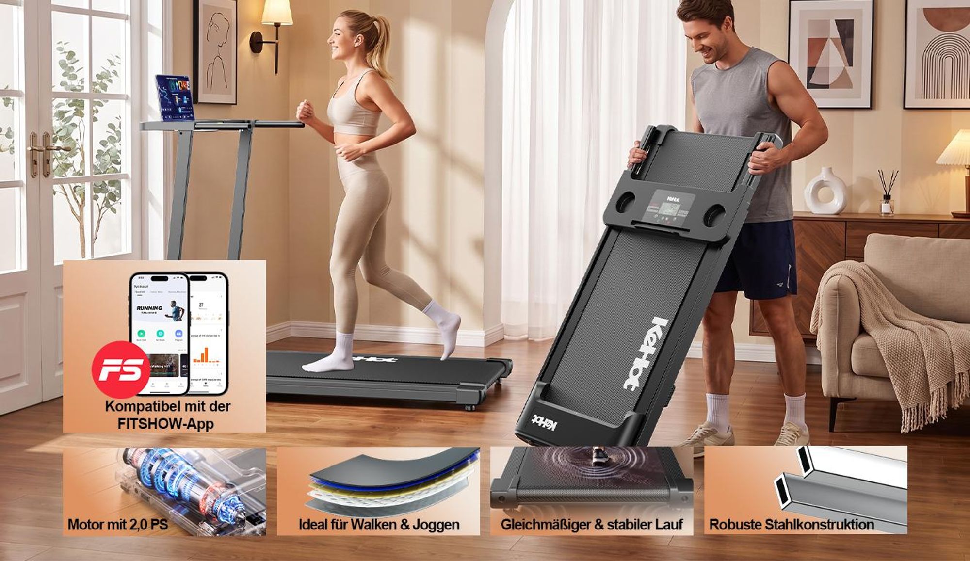 3-in-1 Klapp-Laufband , 136kg, 12 km/h, LED-Display, 12 Programme, Bluetooth-Lautsprecher, Für Zuhause