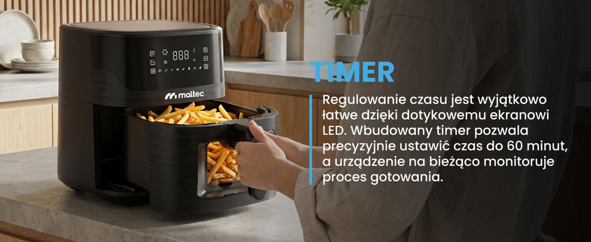 frytkownica o pojemności 7 litrów z okienkiem podglądowym i 8 programami w kolorze czarnym
