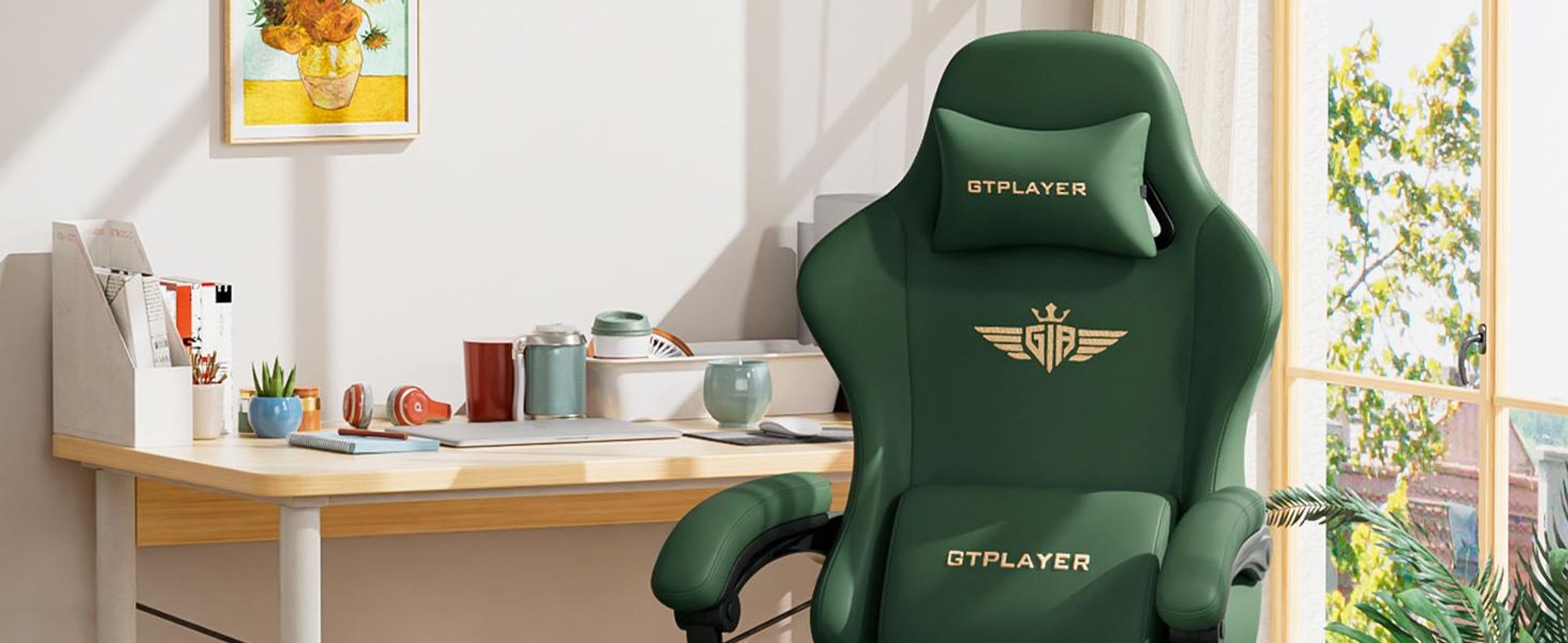 GTPLAYER Gaming Stuhl Ergonomischer Gaming Sessel Schreibtischstuhl Bürostuhl mit Kunstleder Federsitzkissen, Verbindungsarmlehnen, mit Fußstütze