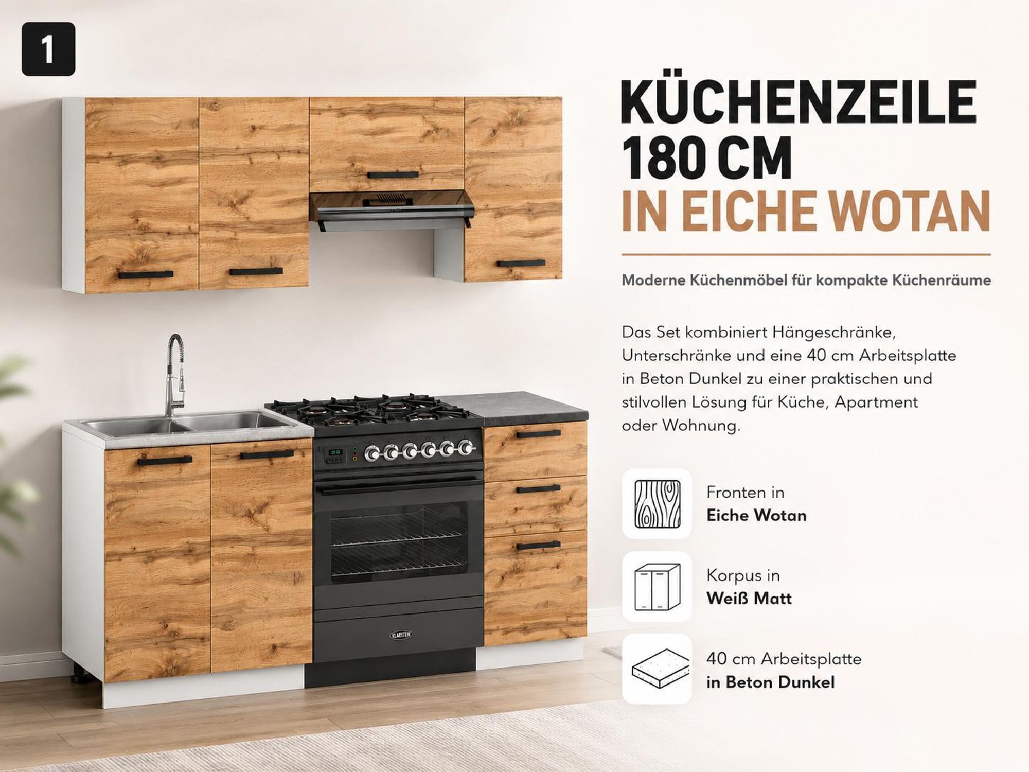 ULWEHOME Küchenzeile 180 cm in Eiche Wotan mit Schränken und 40 cm Arbeitsplatte.