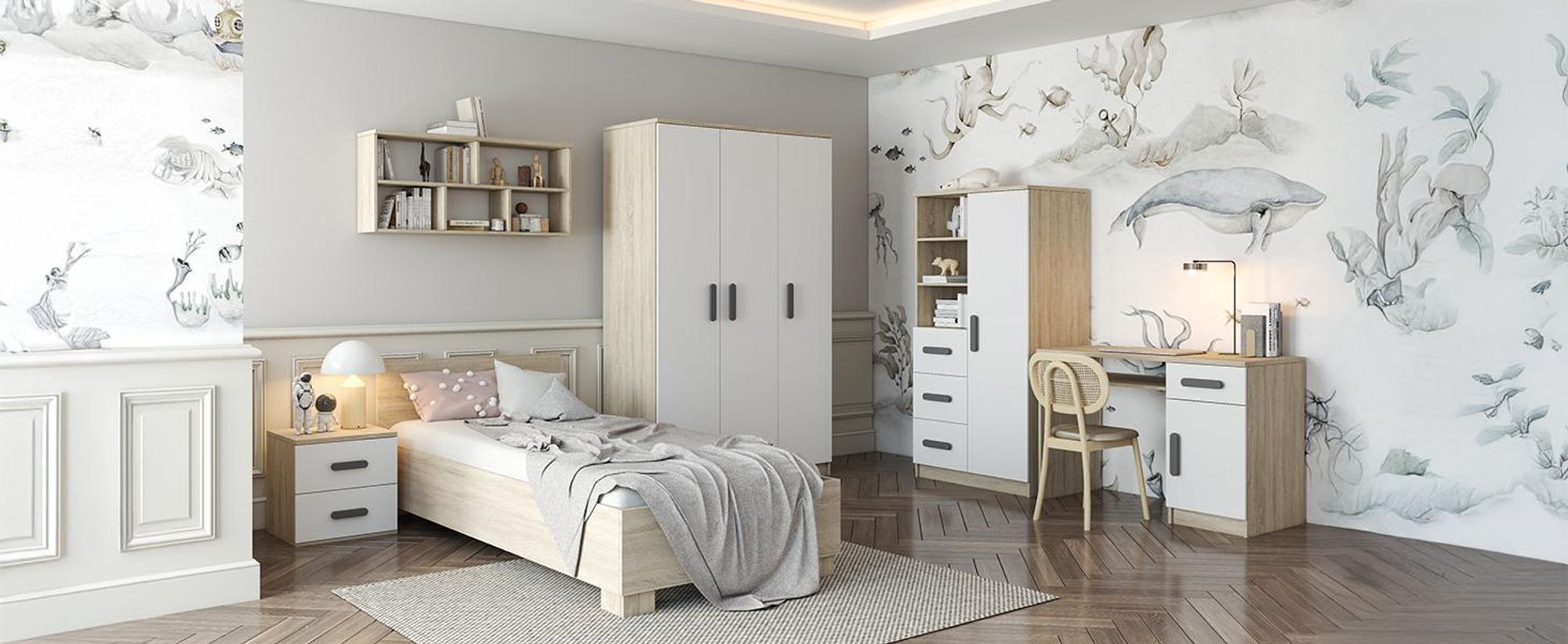 Drehtürenschrank, Kinderkleiderschrank 120 cm Sonoma Eiche/Weiß, grüne Griffe JONAS III 19