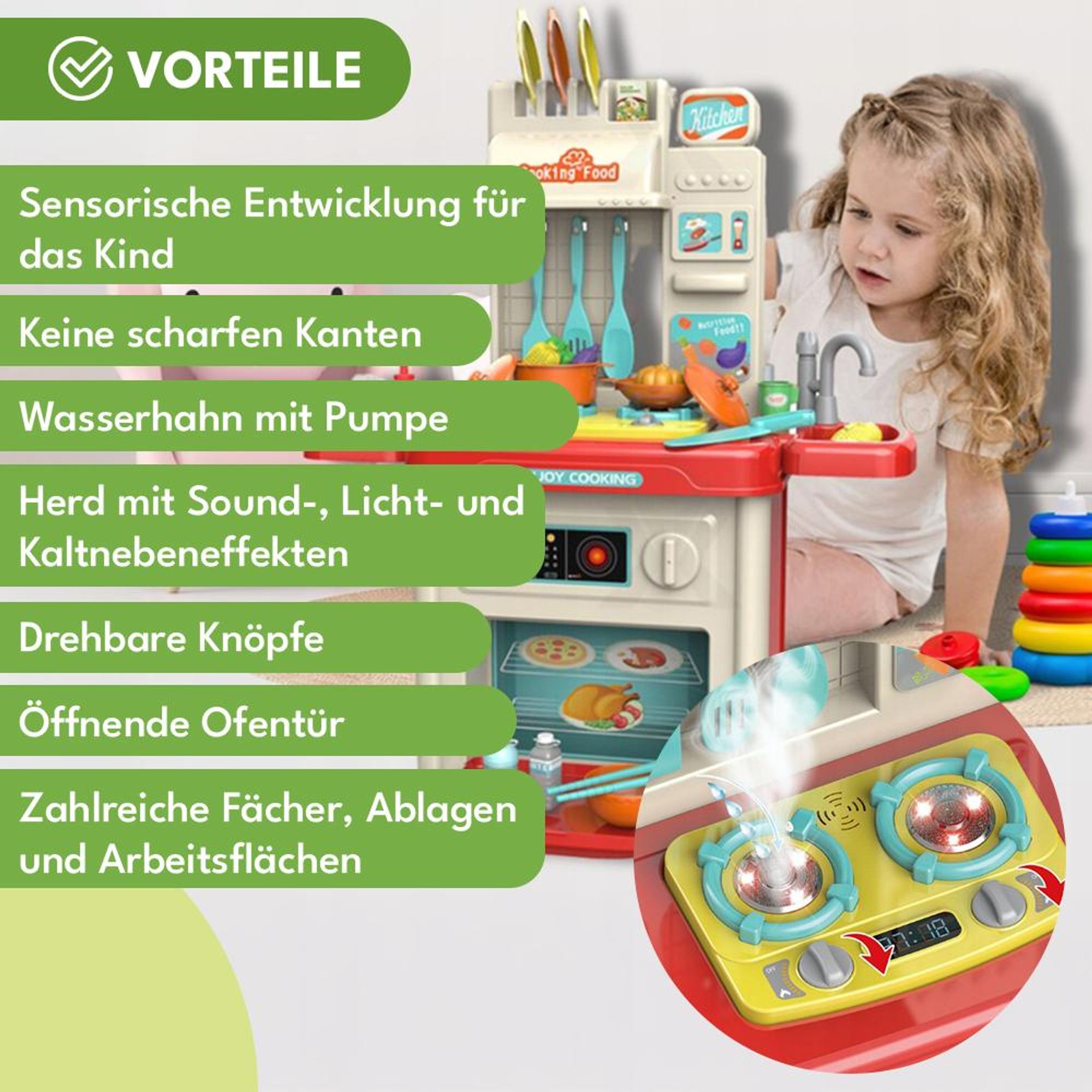 KRUMAD Kinderküche Spielzeug ab 3 Jahre, Spielküche mit Backofen, Herd, Wasserhahn, Sound & Dampfeffekt, 42-teiliges Zubehör Set, Küchenspielzeug für