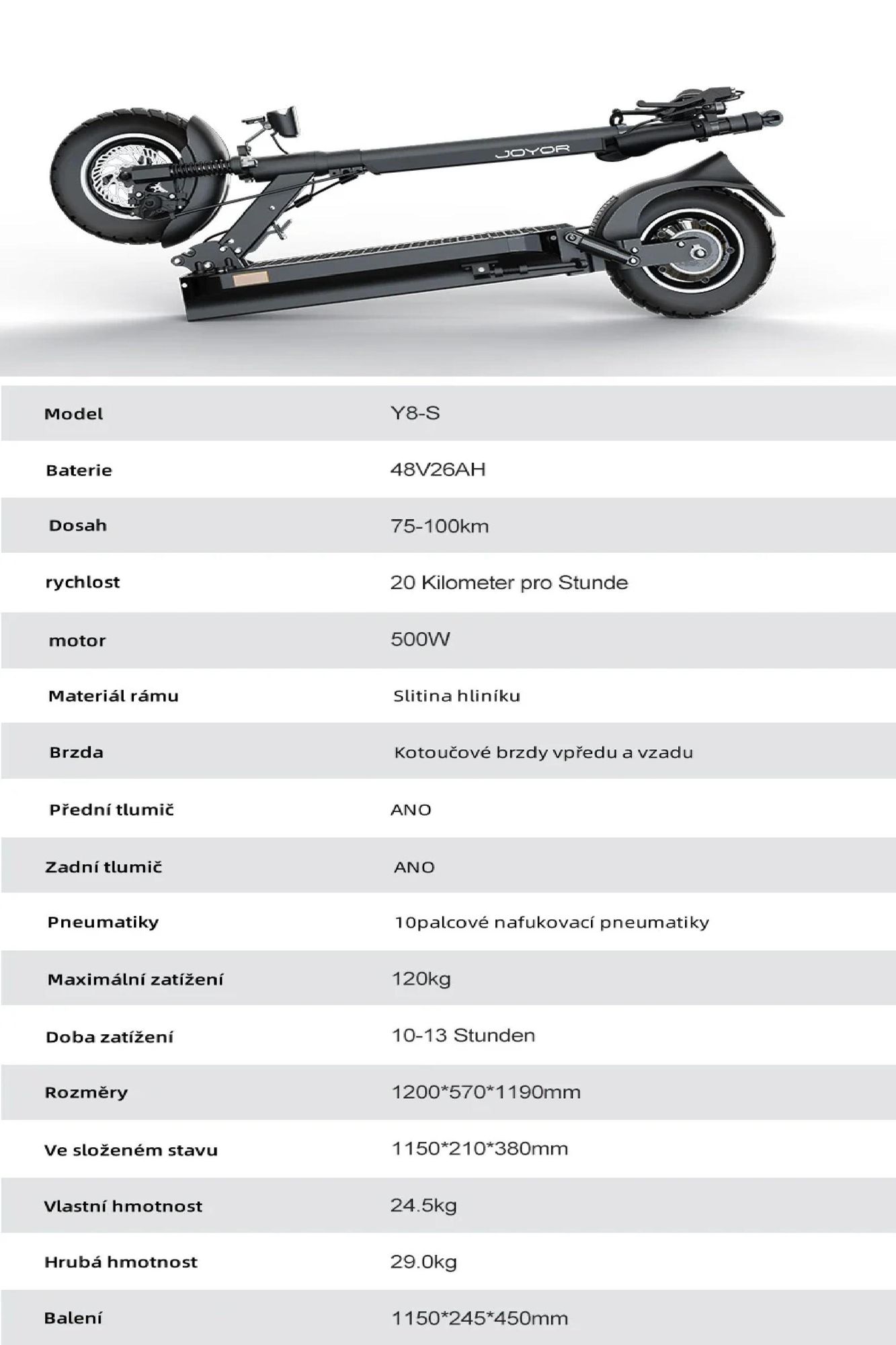 JOYOR Y8-S  ABE Skládací Elektrická koloběžka - 500W Motor 48V26AH Baterie 10 Palcové Pneumatiky - Černá
