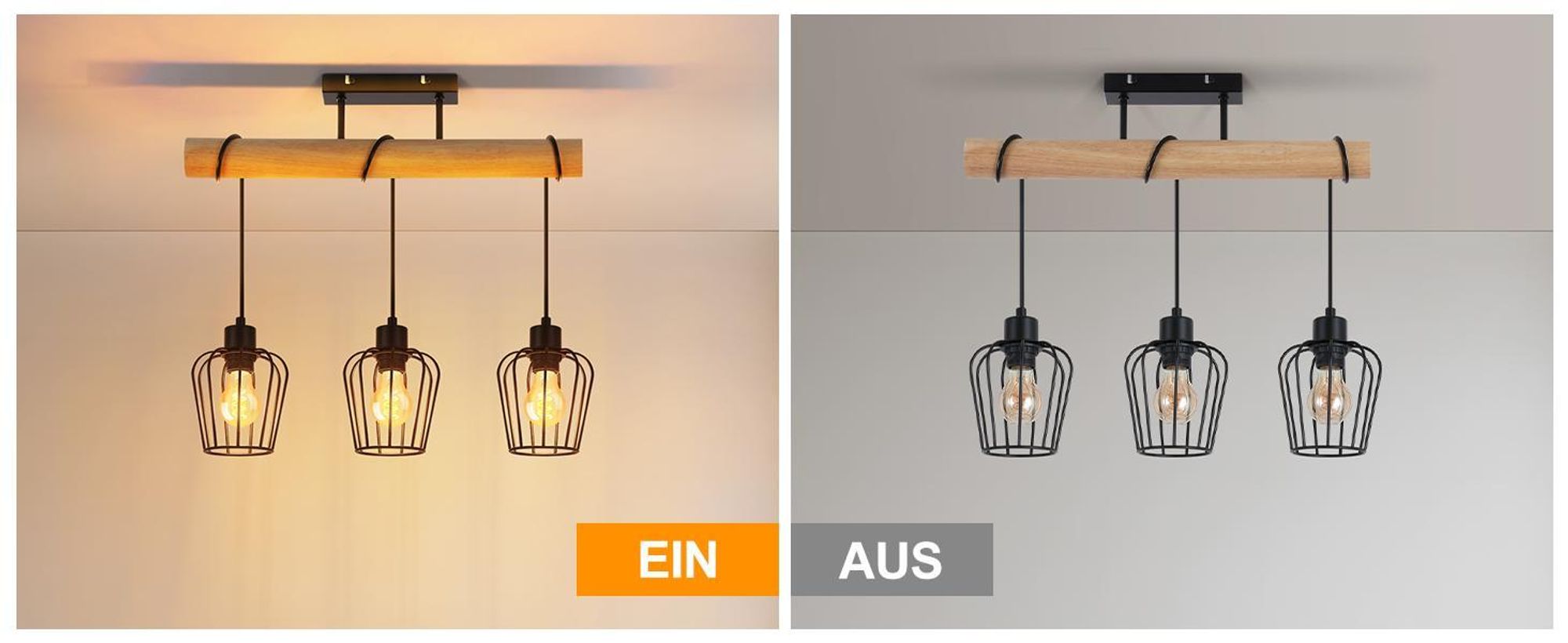 ZMH Deckenleuchte Wohnzimmer Vintage Deckenlampe Holz Schwarz Wohnzimmerlampe im Industrial Design aus Metall E27 Deckenbeleuchtung für Küche Esszimmer Schlafzimmer - ohne Leuchtmittel