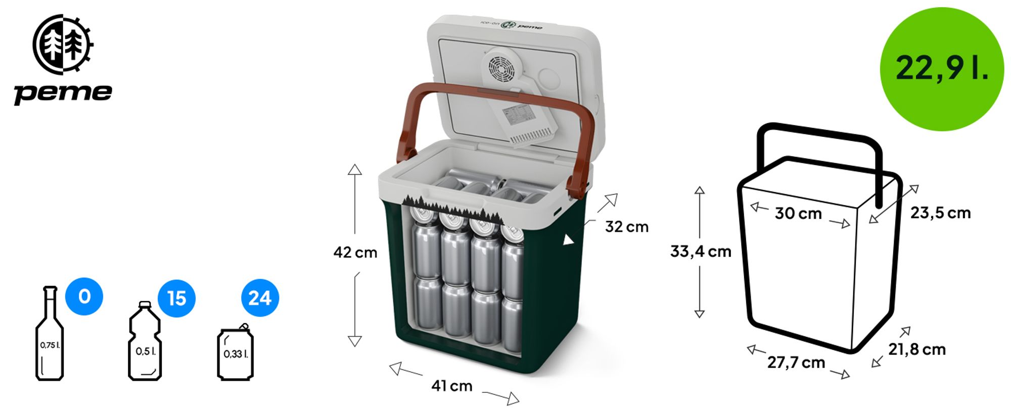 PEME Essential 23L Elektrische Kühlbox Thermoelektrische Kühltasche Auto Camping Mini Kühlschrank Warmhaltebox Outdoor Wald Grün Angelzubehör Tragbar