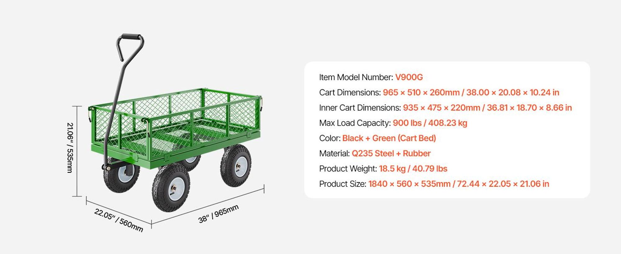 VEVOR 1200 Lbs Stahl Gartenwagen, Schwerlast Ziehbarer Gartenwagen, 2 in 1 Outdoor Metall Nutzwagen mit 13" All-Terrain Reifen, Abnehmbare Netzseiten und 180° drehbarem Griff, Grün-900 lbs