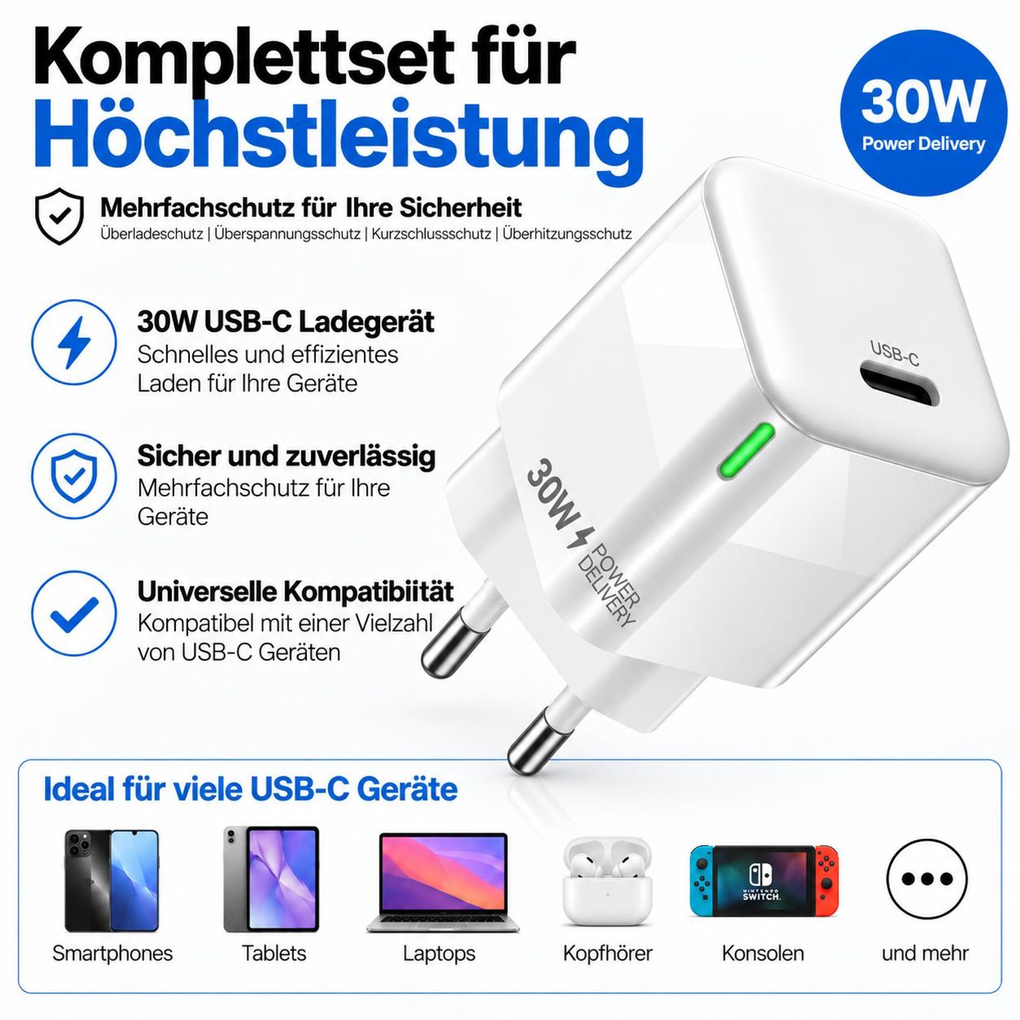 30W USB C Ladegerät Adapter für Samsung Galaxy A08 A18 A57 A37 A27 A17 A07 A56 A36 A26 A16 A06 A55 A35 A25 A15 A54 S26 USB-C Haus Strom Stecker WEIß