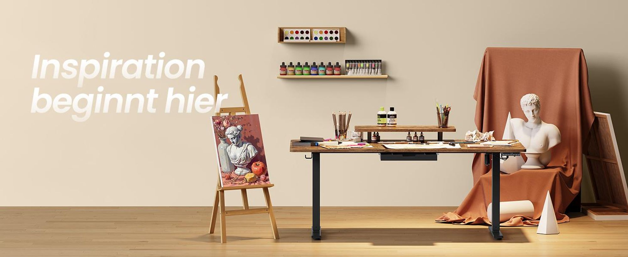 VASAGLE Höhenverstellbarer Schreibtisch, 140 cm, USB-C-Anschluss, Erinnerung bei langem Sitzen, flexibel montierbarer Monitorständer