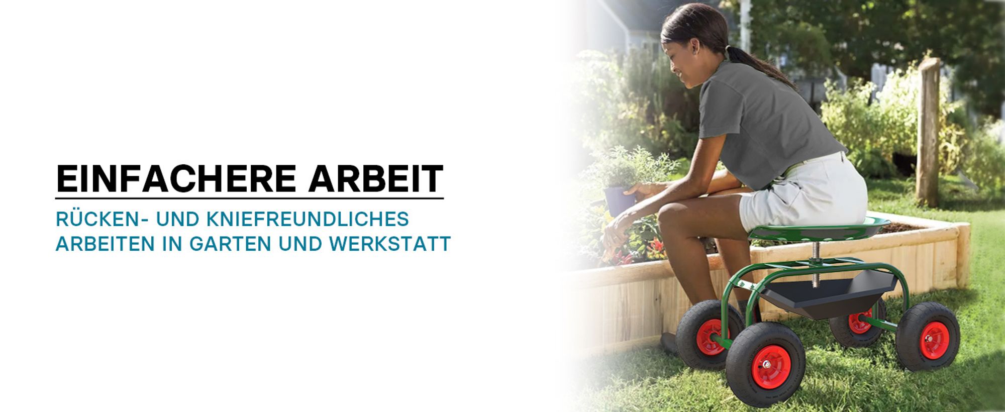 Wiltec Gartenwagen mit Ablagefläche bis 150kg Gartenhocker mit Reifen Gartentrolley für Gartenarbeit Werkstattwagen Rollwagen Arbeitssitz Gartensitz fahrbar