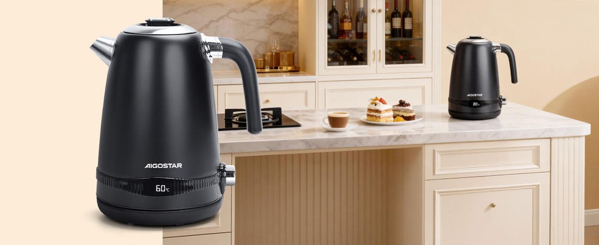 Aigostar - 1,7 Liter 2200W Digitaler Edelstahl Wasserkocher mit Temperatureinstellung 40-100℃, Schwarz