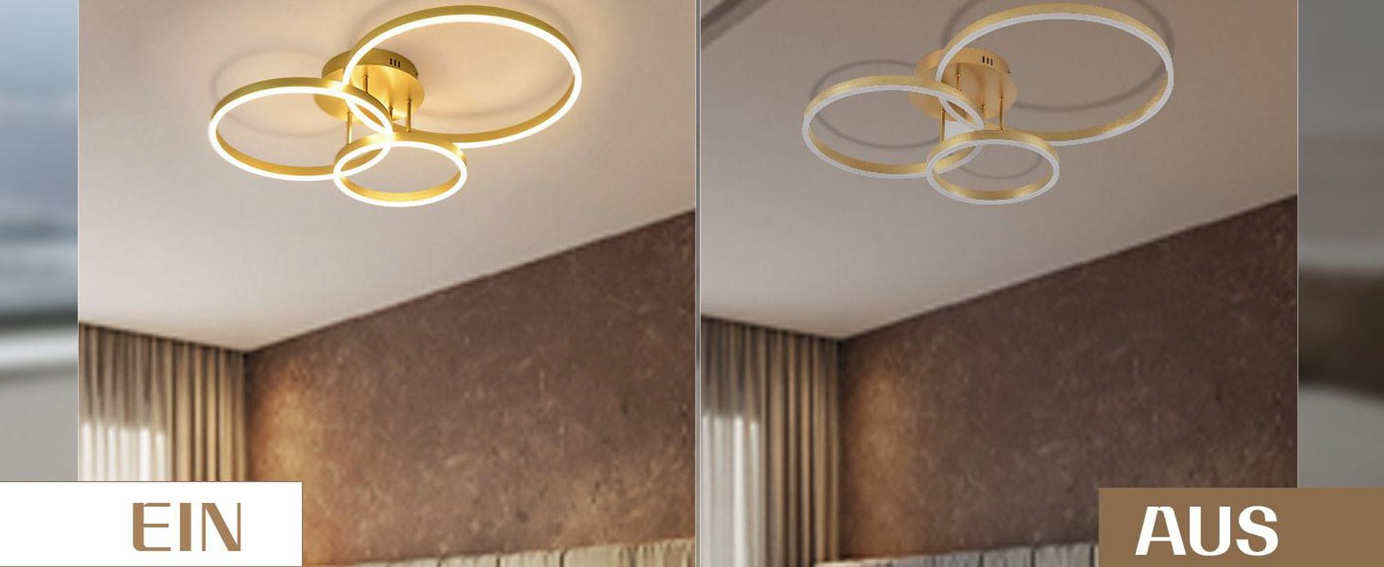 Lampa sufitowa LED ZMH z regulacją jasności, 82 cm, złota, do sypialni, z pilotem, o mocy 74 W, z 3 pierścieniami, do sypialni i kuchni