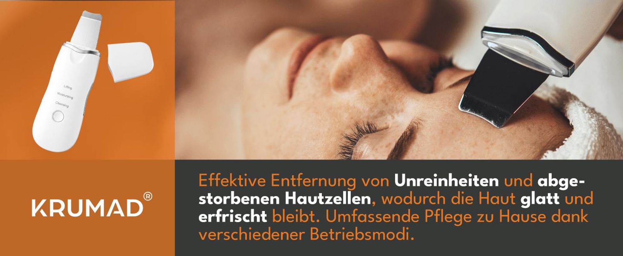 KRUMAD Skin Scrubber Ultraschall, Mitesserentferner Gesicht, 3 Stufen, Porenreiniger mit Akku, Gesichtsreiniger für porentiefe Reinigung, Schwarz