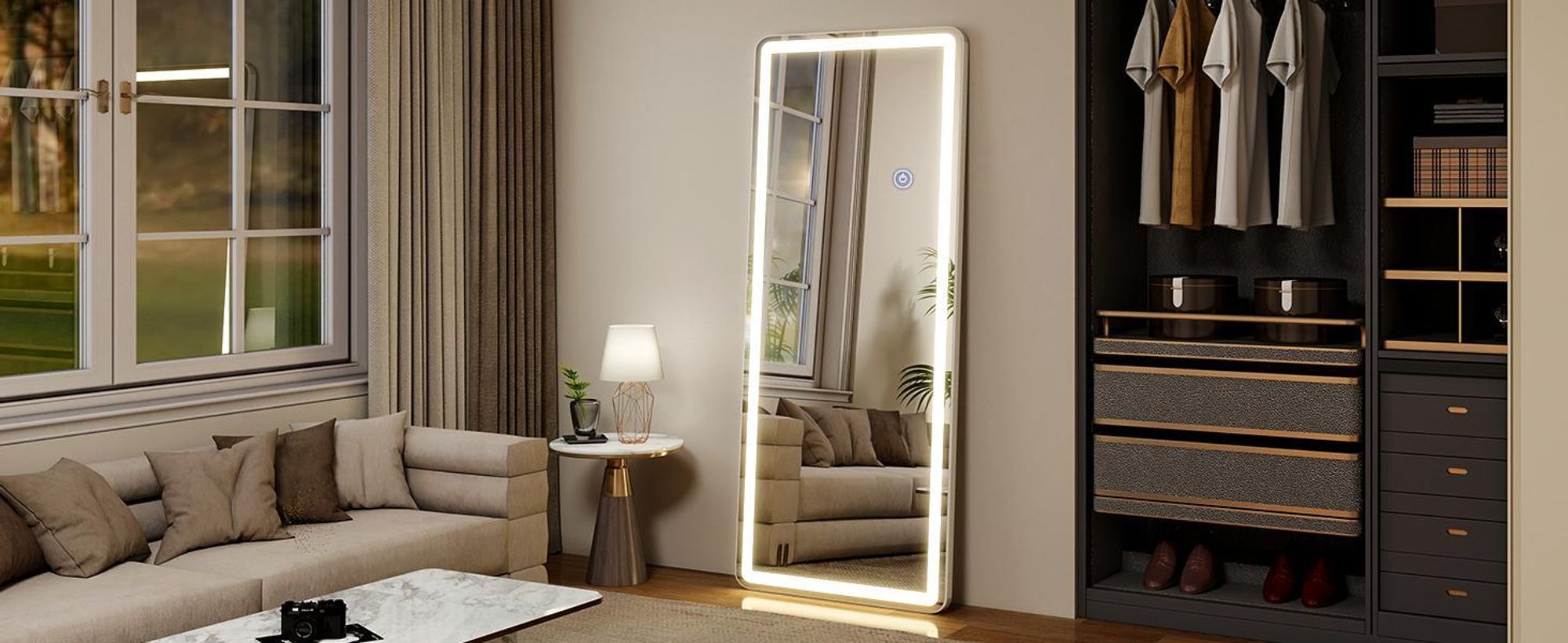 Koonmi LED Ganzkörperspiegel 180 x 66 cm stabiler Rahmen mit Touch, LED Spiegel mit Touchsteuerung, 3 Lichtfarben und beschlaghemmender