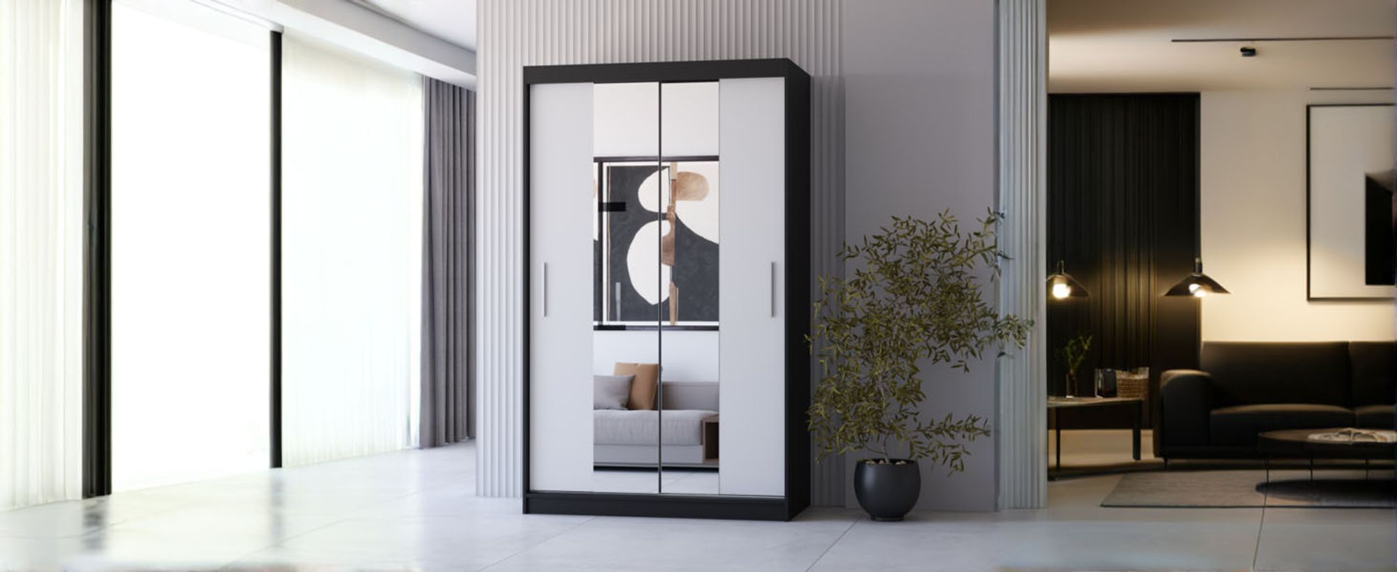Schwebetürenschrank Kleiderschrank Schrank 120cm Schwarz/Weiß mit zwei Spiegeln Neomi 01