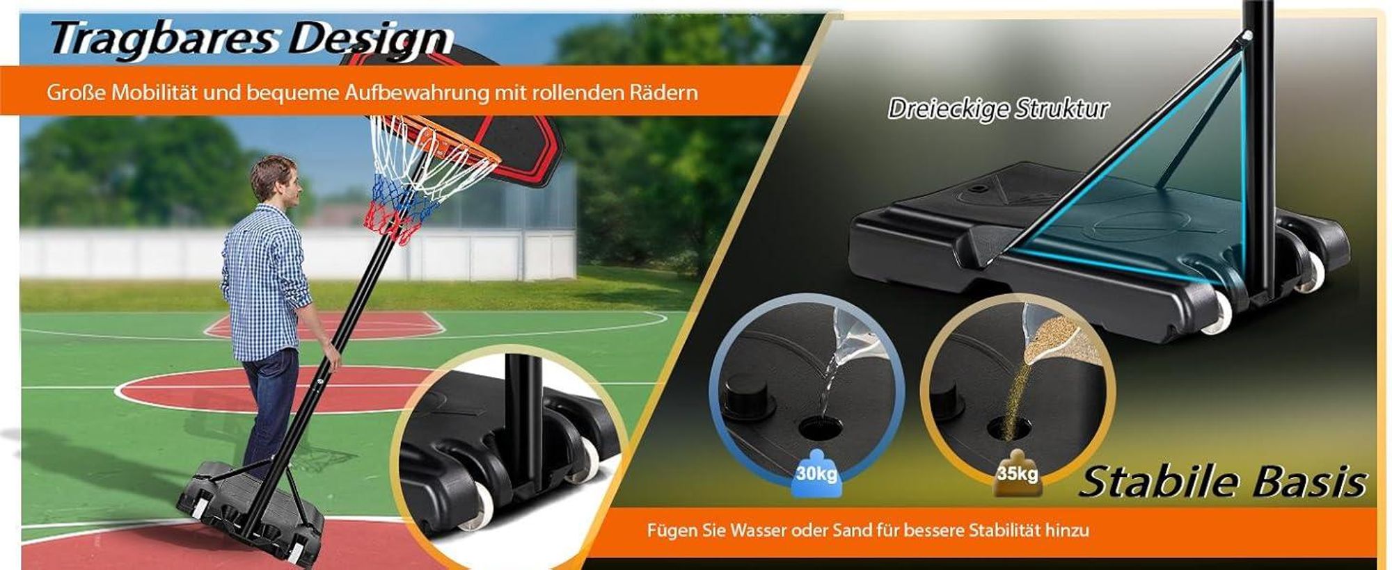 COSTWAY Basketballständer 155 - 210cm höhenverstellbar, Basketballkorb mit Ständer, Basketballanlage rollbar, Korbanlage geeignet für Innen- und Außenbereich