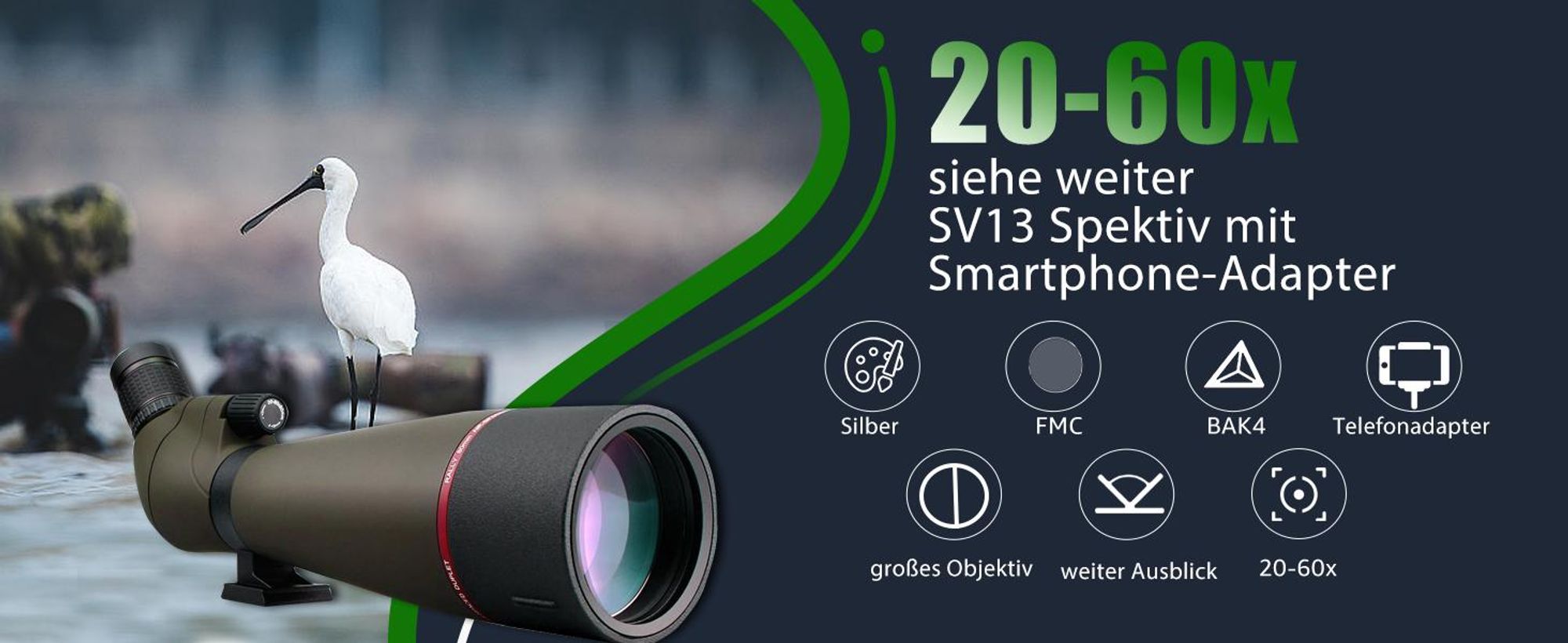 Svbony SV13 Spektiv 20-60x80, mit Tischstativ, Smartphone Adapter, HD Wasserdicht Porro Prisma Abgewinkelt Spektiv Spotting Scope für Vogelbeobachtung