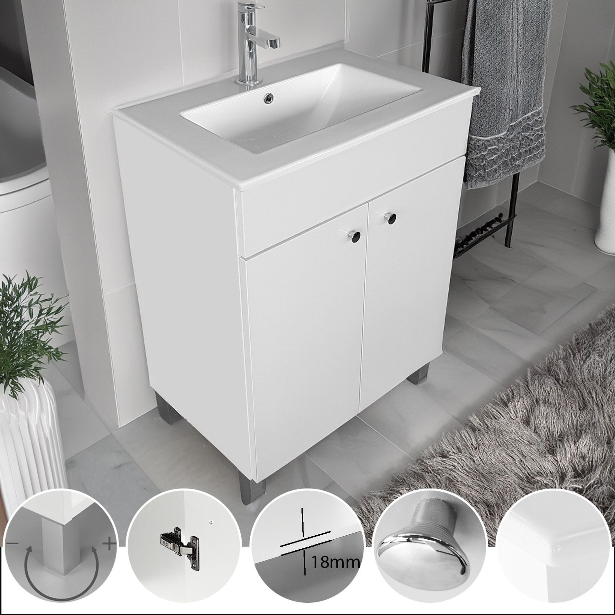 paplinskimoebel Waschbecken mit Unterschrank IGA für Badezimmer Stehend Badschrank 60 Weiß Badezimmerschrank mit 2 Türen Keramikwaschbecken Lackiert
