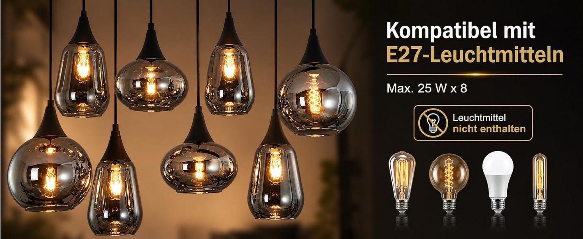 Lampada a sospensione ZMH, vetro, 126 cm, attacco E27, ideale per il soggiorno, 8 luci, lampada a sospensione per tavolo da pranzo, stile vintage, lampada da soggiorno, sfera di vetro, colore nero