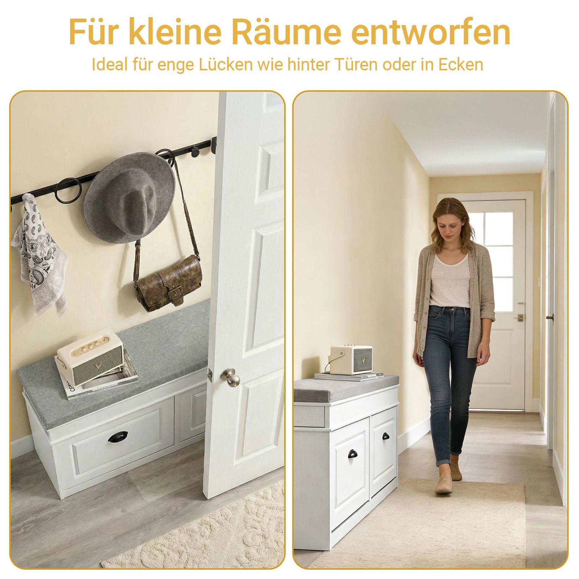 SoBuy Schuhbank mit Sitzfläche und 2 Klappen schmaler Schuhschrank mit Sitzbank & Schuhregal platzsparend Schuhablage für Flur & kleine Räume FSR64-WG