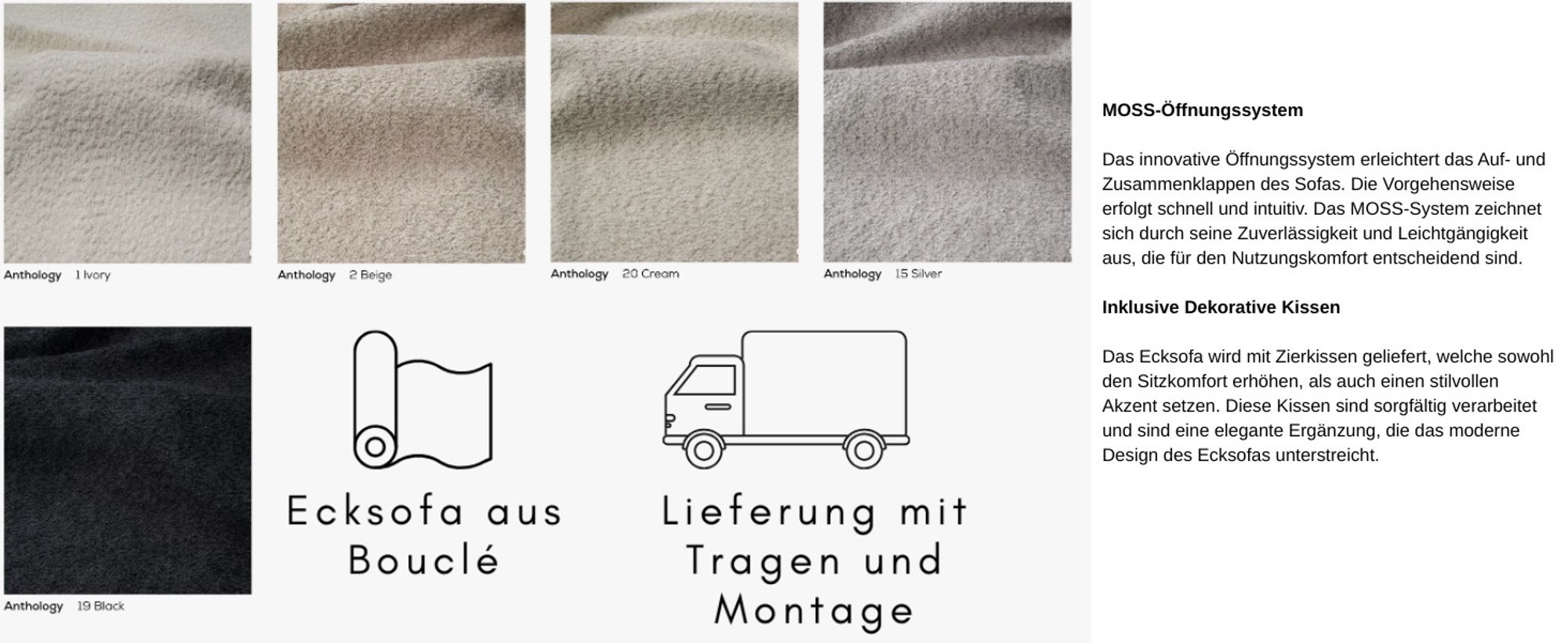 MOEBLO Ecksofa Lisbon – Ottomane beidseitig montierbar, Ecksofa aus Bouclé, Couch für Wohnzimmer, Schlafsofa Sofagarnitur Sofa Eckcouch L-Form, mit Bettkasten und Schlaffunktion - Creme (Anthology 20)