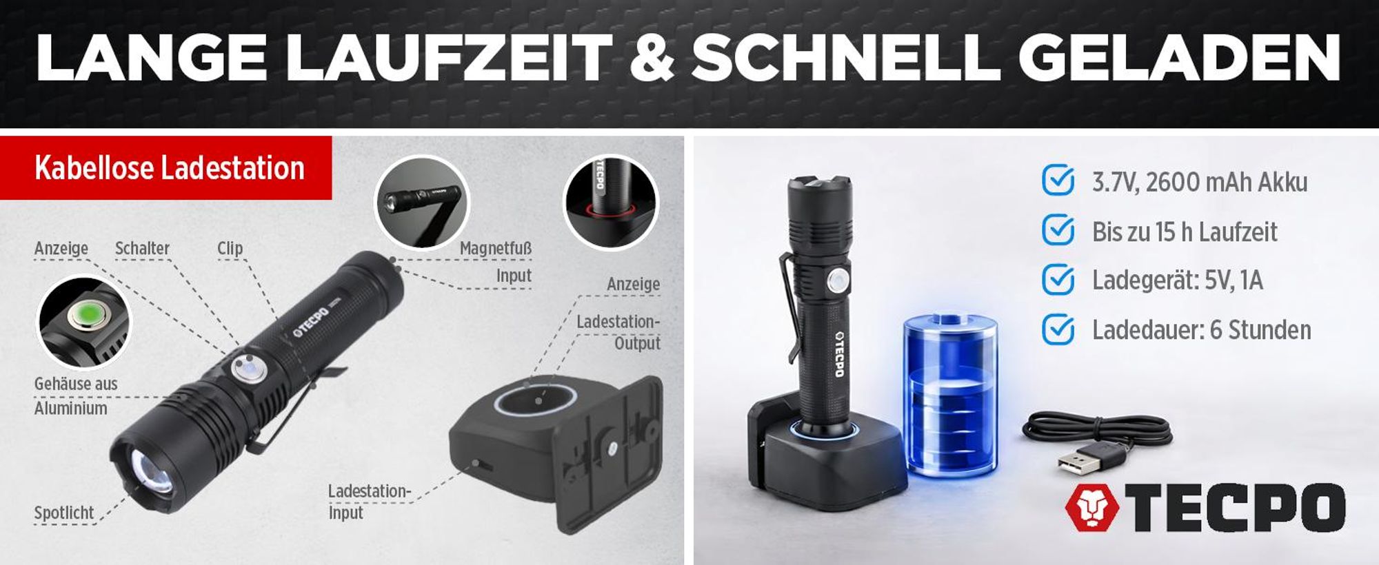 TECPO Taschenlampe mit Ladestation 250 Meter Leuchtweite 600 Lumen 7500K 15 Stunden Betriebsdauer