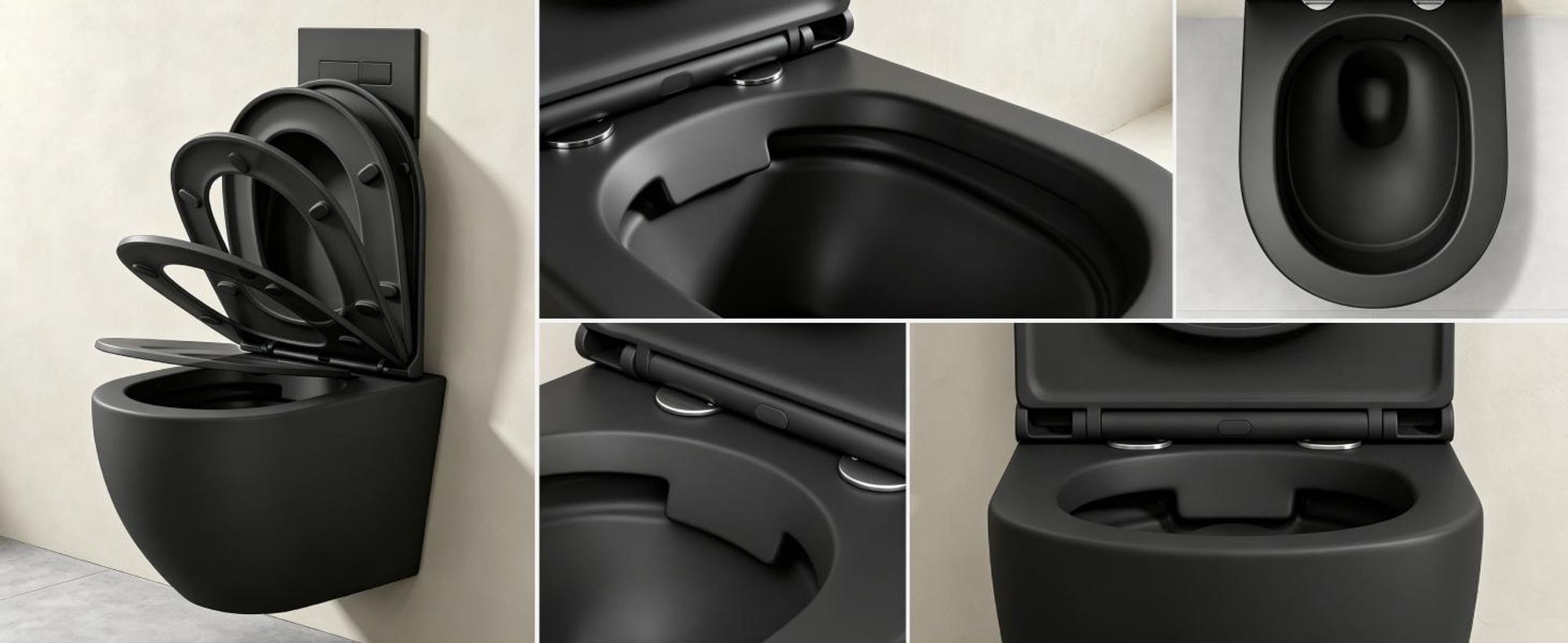 doporro Hänge-WC Spülrandlos Hänge-Toilette mit Tiefspüler inkl. Soft-Close Absenkautomatik schwarz matt aus Keramik Wandmontage Aachen179 neu