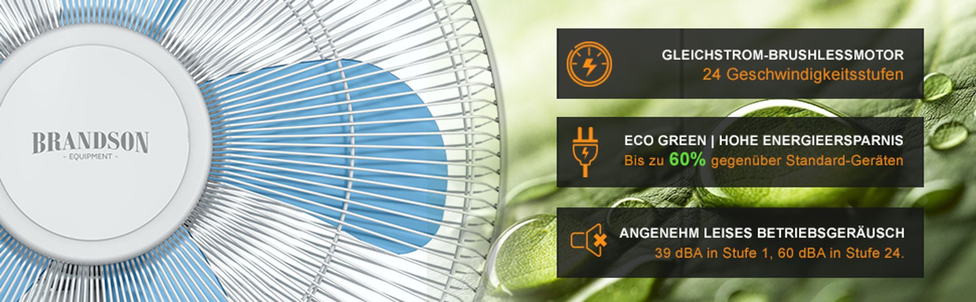 Nahaufnahme eines weißen Ventilator mit Eco-Motor, geringer Lautstärke und Energieersparnis