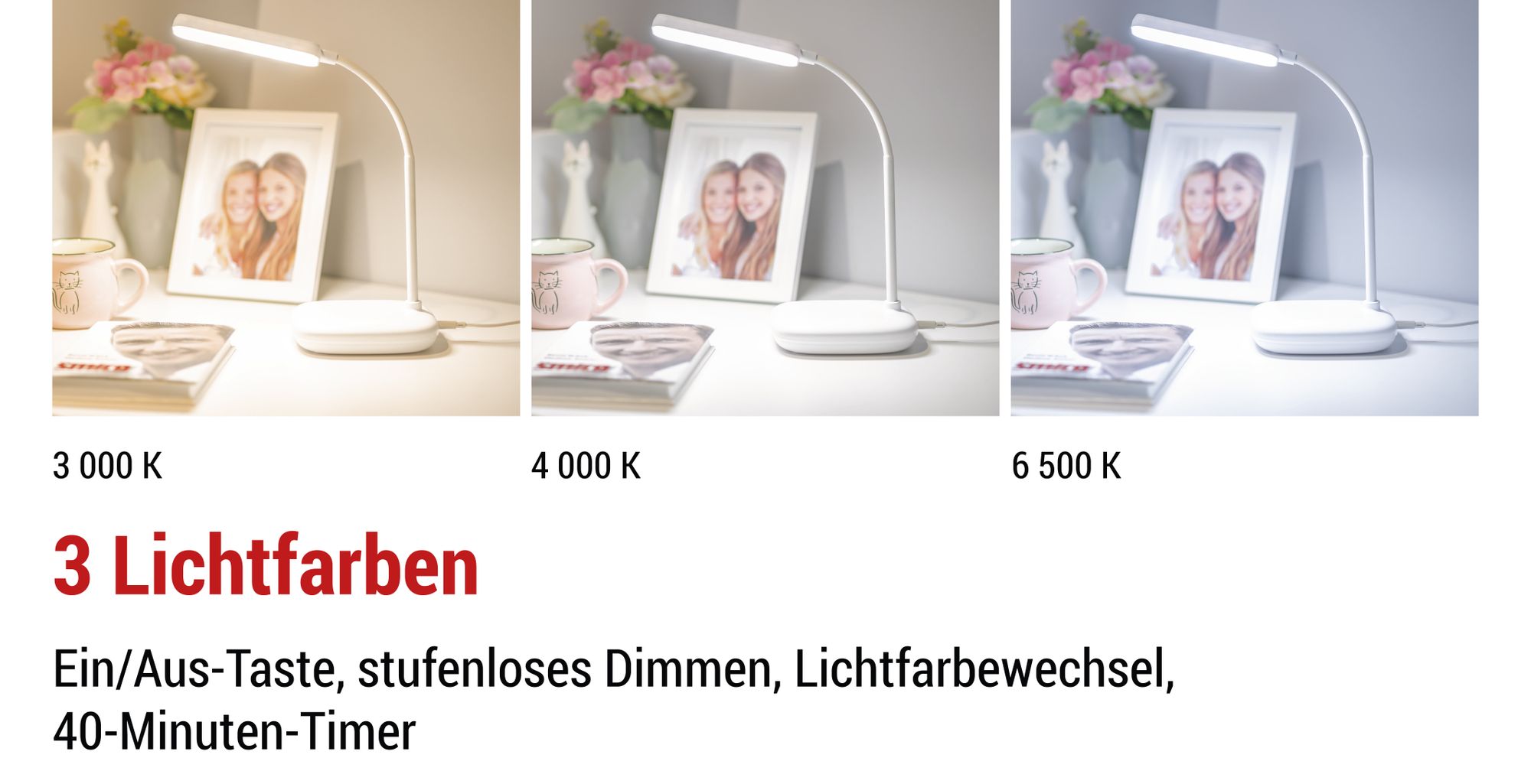 EMOS LED Tischlampe MOLLY 12W, Helligkeit 650lm, dimmbar, einstellbare Lichtfarbe, flexibler Lampenarm, 1,5m Ladekabel + Netzadapter, weiß, Z7638W