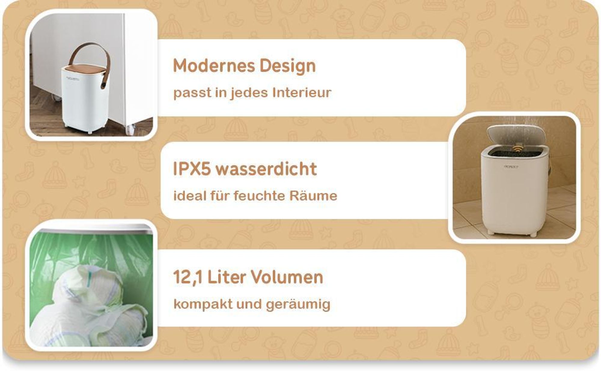 Windeleimer mit Bewegungssensor - Twinky - Fassungsvermögen 16L - Wasserdicht - Braun