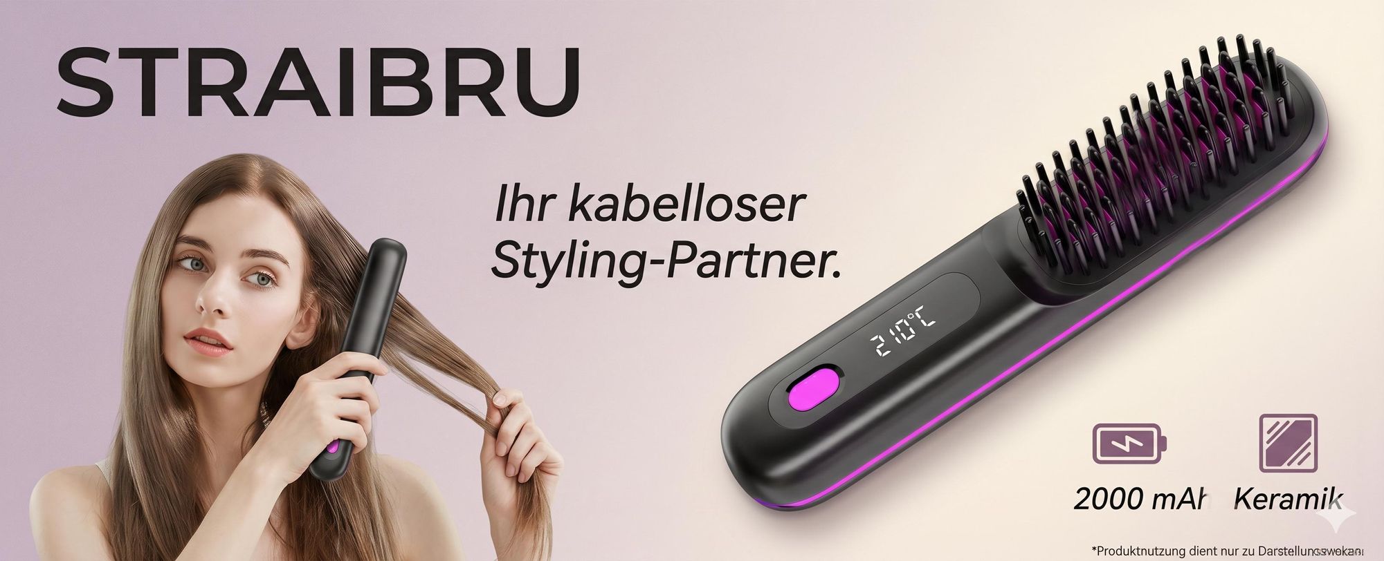 Tragbare kabellose Haarbürste, 2000 mAh Akku Warmluftbürste, Keramische Warmluftbürste - STRAIBRU