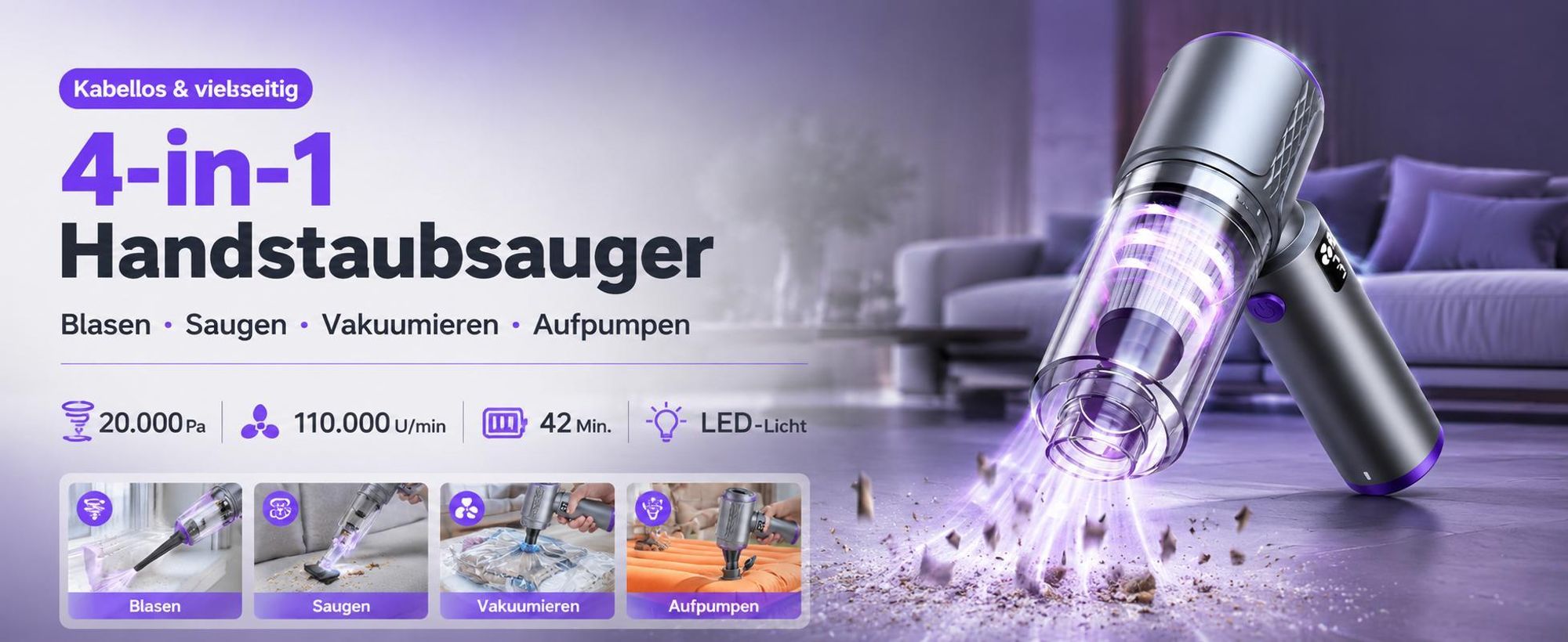 4-In-1 Handstaubsauger, 20000PA Akku-Handstaubsauger, LED kabelloser Autostaubsauger,Staubsauger&Gebläse, Mini Staubsauger für Auto, Zuhause, Haustier