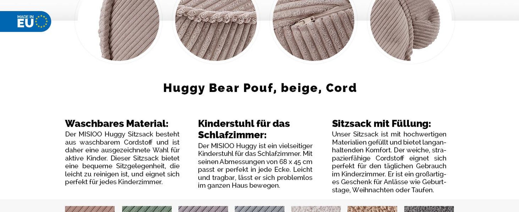 MISIOO Sitzsack Kinder – Big Bag Bean Bag – Waschbar –  – Stabile und Weiche Konstruktion – Cord-Material – 68x45 cm – Beige