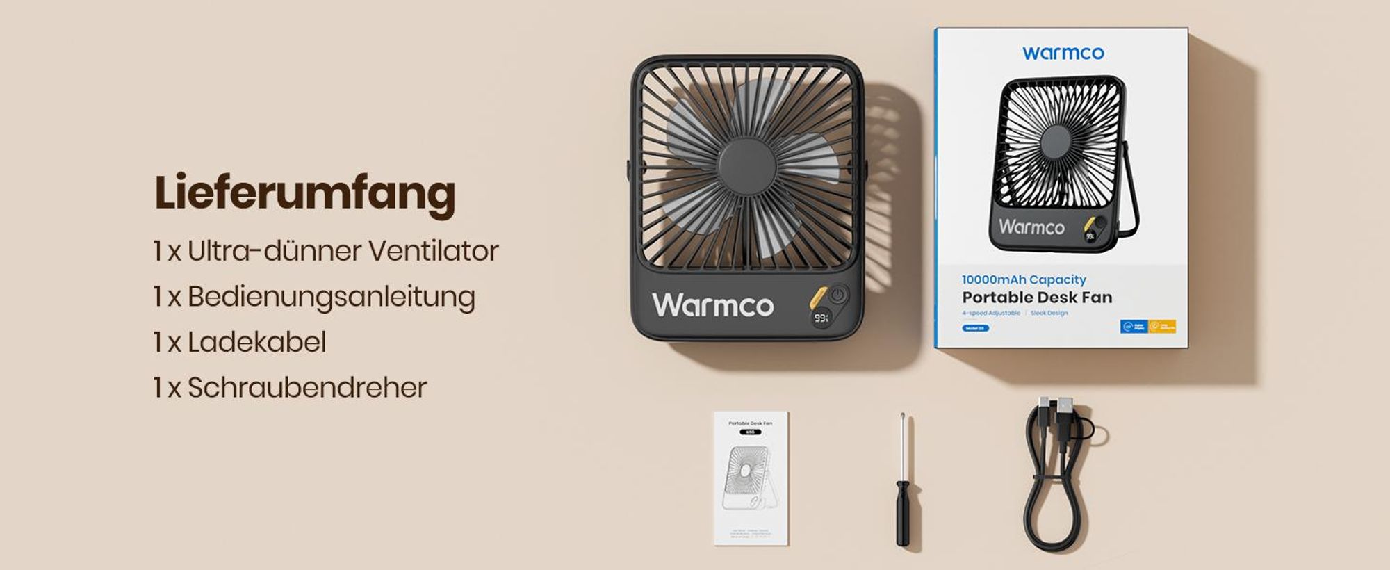 Warmco D3 Akku Ventilator 10000mAh, Tischventilator Leise, 10–24Std. USB-C, LED-Anzeige, Ultraflacher 4-Stufen Ventilator Für Büro, Schlafzimmer, Camp