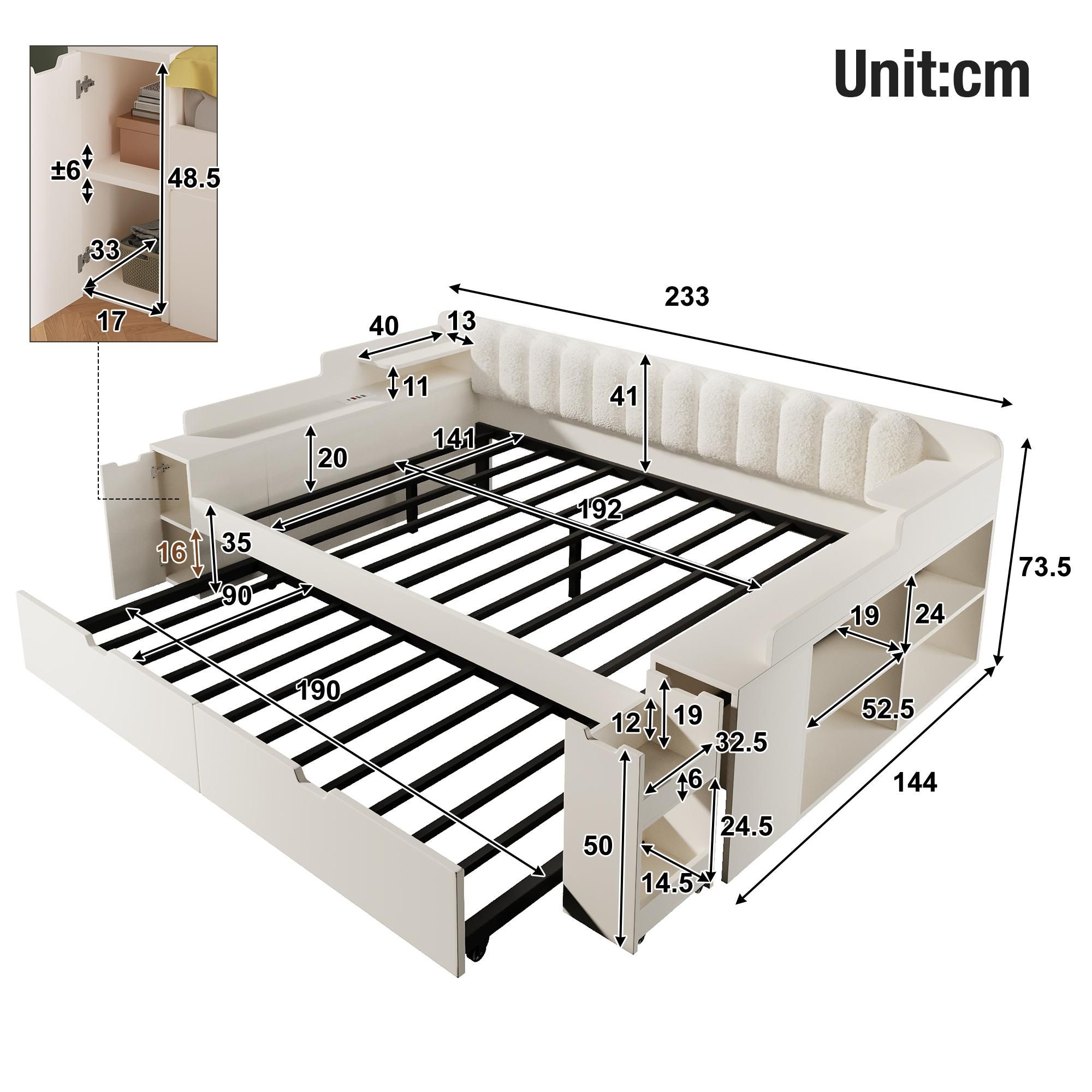 Flieks Tagesbett 140x192cm mit Ausziehbett, Doppelbett mit Ladestation und Rollwagen, Holz-Bettgestell mit Stauraum und Rückenlehne, Weiß, MDF+Metall