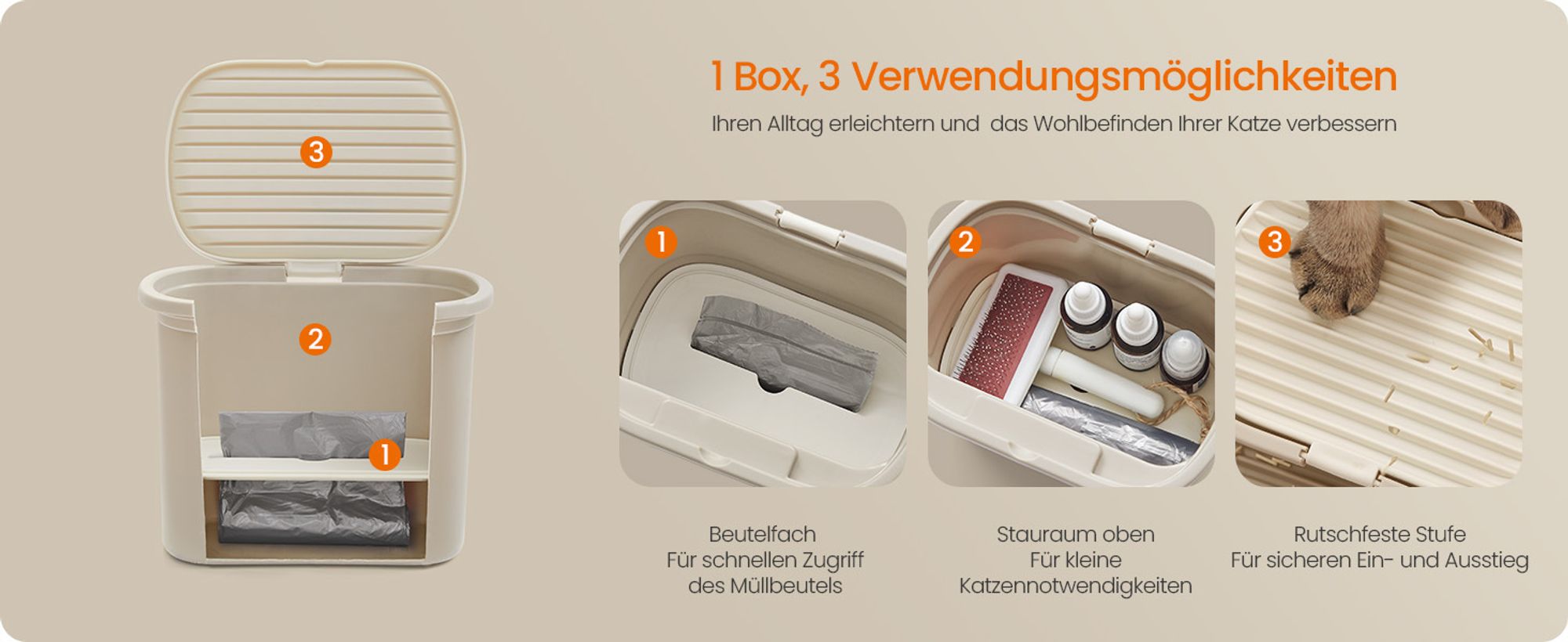 Feandrea extragroße Katzentoilette, für große Katzen, mit hohen Seitenwänden, cappuccinobeige
