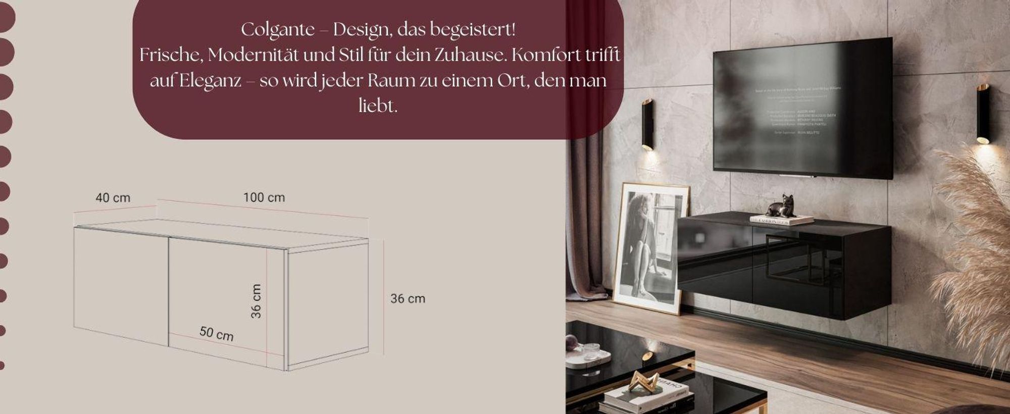 TV-Hängeschrank COLGANTE 100 schwarz Hochglanz mit LED