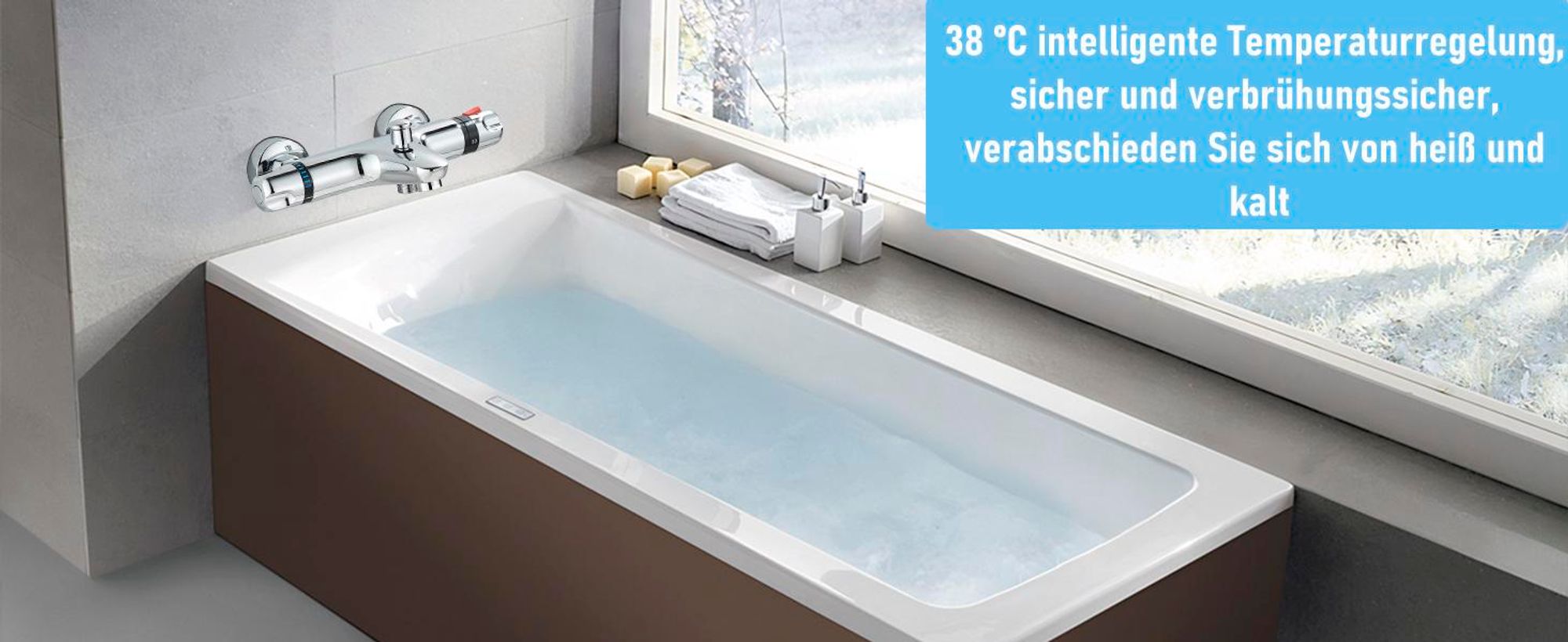 Badewannenarmatur, Wannenarmatur, Duscharmatur, Wasserhahn Badewanne, Mischbatterie, Armatur Badewanne mit Thermostat, 38°C Sicherheitstaste