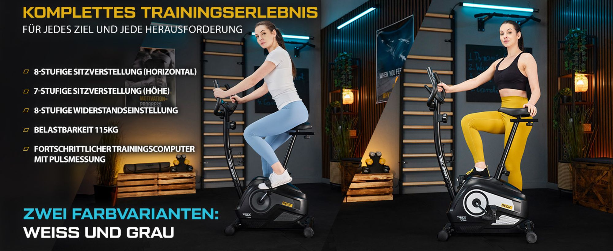 TREX SPORT Ergometer Heimtrainer Fahrrad für Zuhause TX-400MB RECK | Fitnessbike magnetisch bis 115kg | 8 Stufen, Pulssensoren, 8 Sitzhöhen, Grau