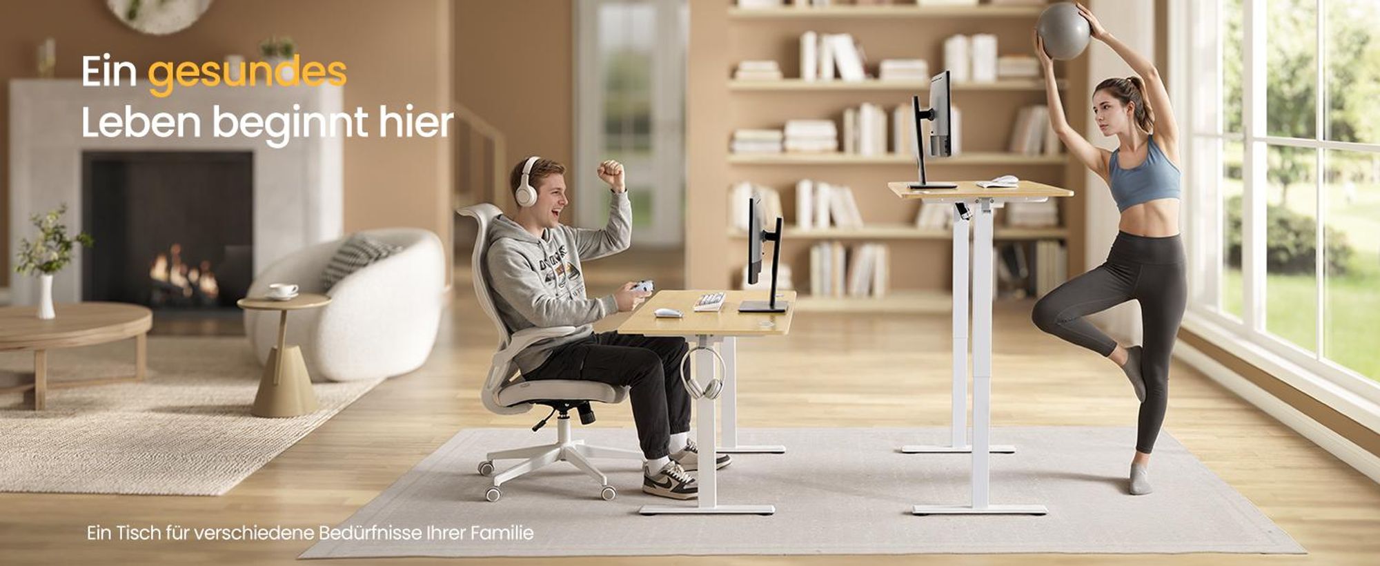 VASAGLE Elektrisch verstellbarer Stehtisch, Memory-Funktion mit 4 Höhen, Schreibtisch für Home Office, 140 x 60 cm, goldeichenfarben und mattweiß