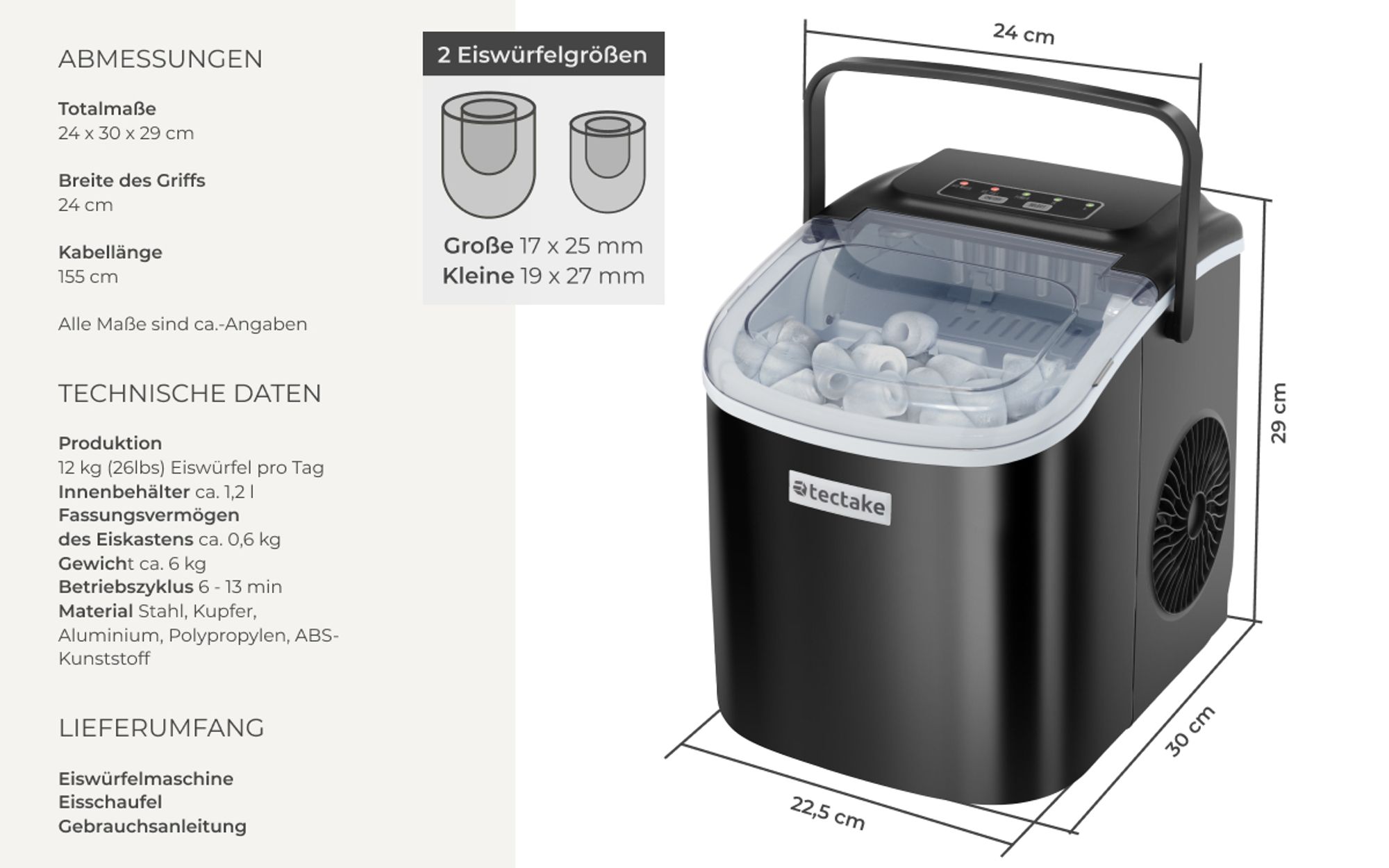 tectake® Eiswürfelmaschine Arctic 1,2 l Wassertank, 2 Eiswürfelgrößen