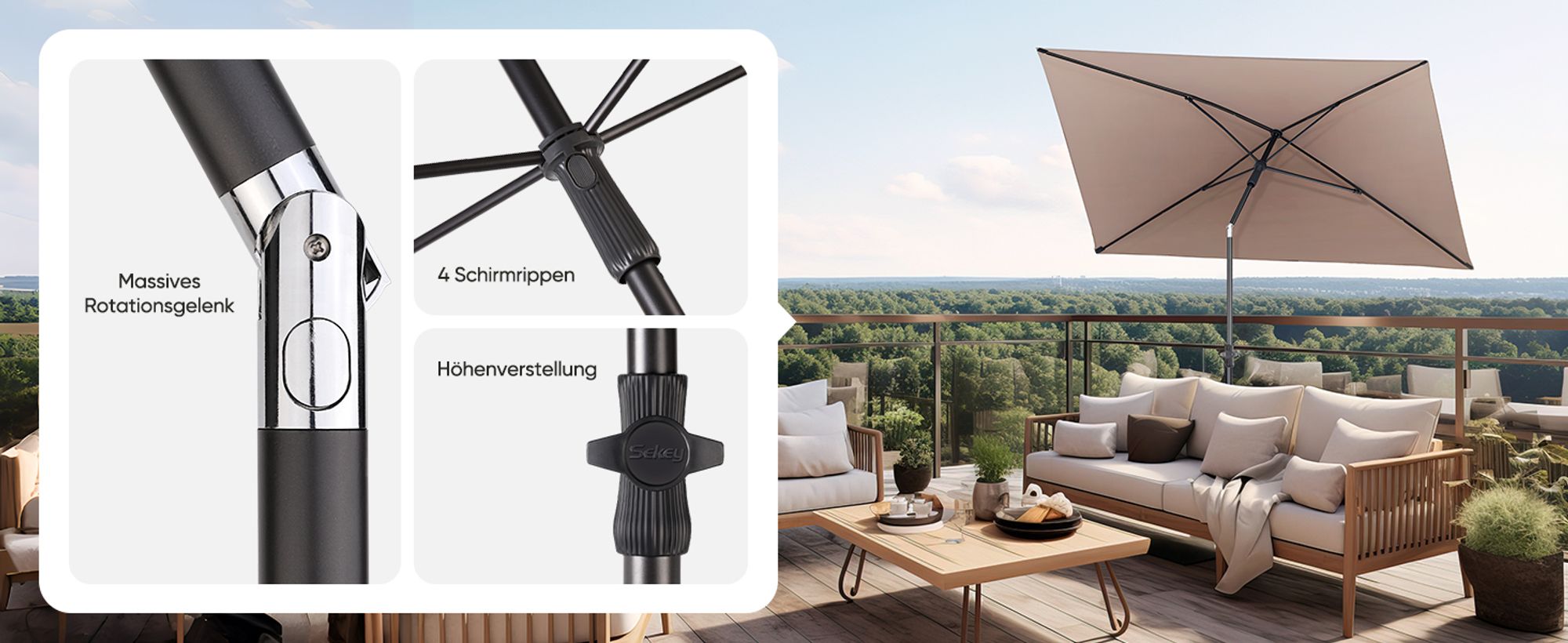 Sekey Sonnenschirm Balkonschirm 210 x 140 cm Rechteckig Kippbar Höhenverstellbar mit Schutzhülle UV Schutz UPF50 für Terrasse und Garten, Taupe