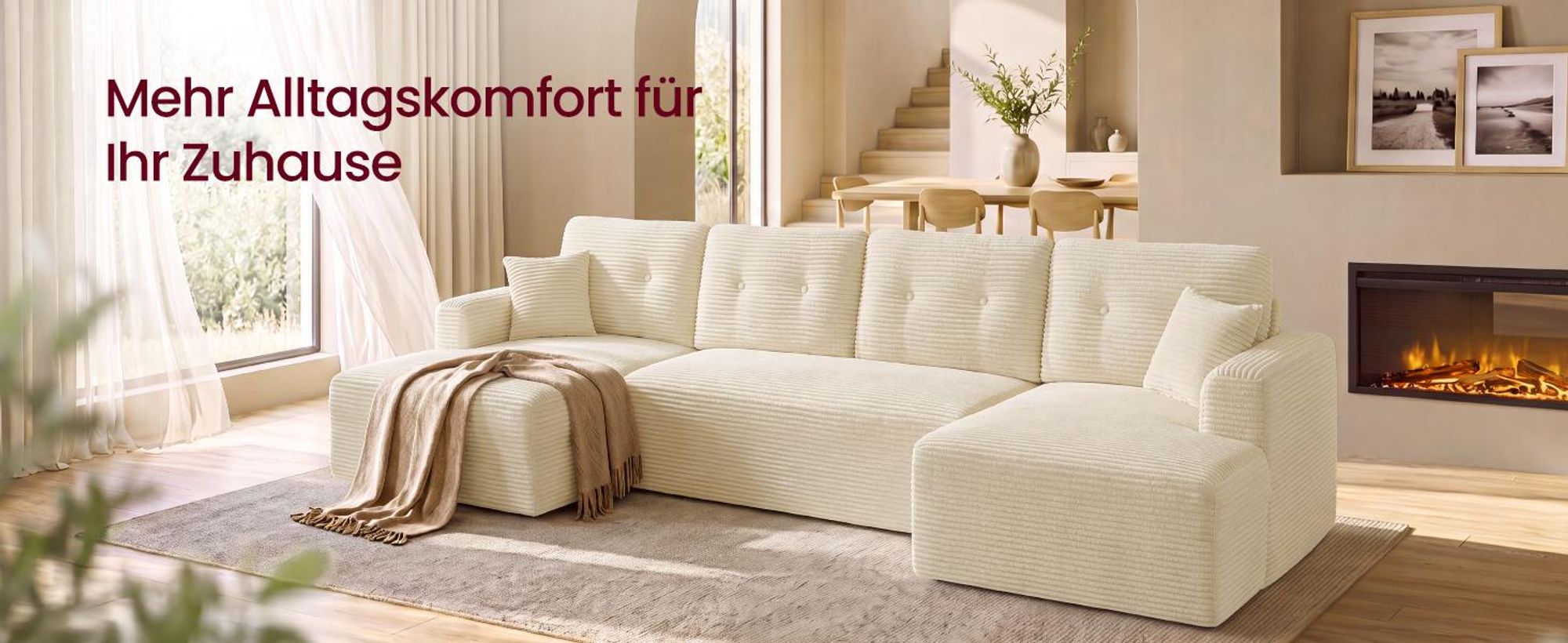VASAGLE U-Form Sofa 6-Sitzer Modulares Cord Sofa mit Kissen 336 x 154 x 89 cm Weiß