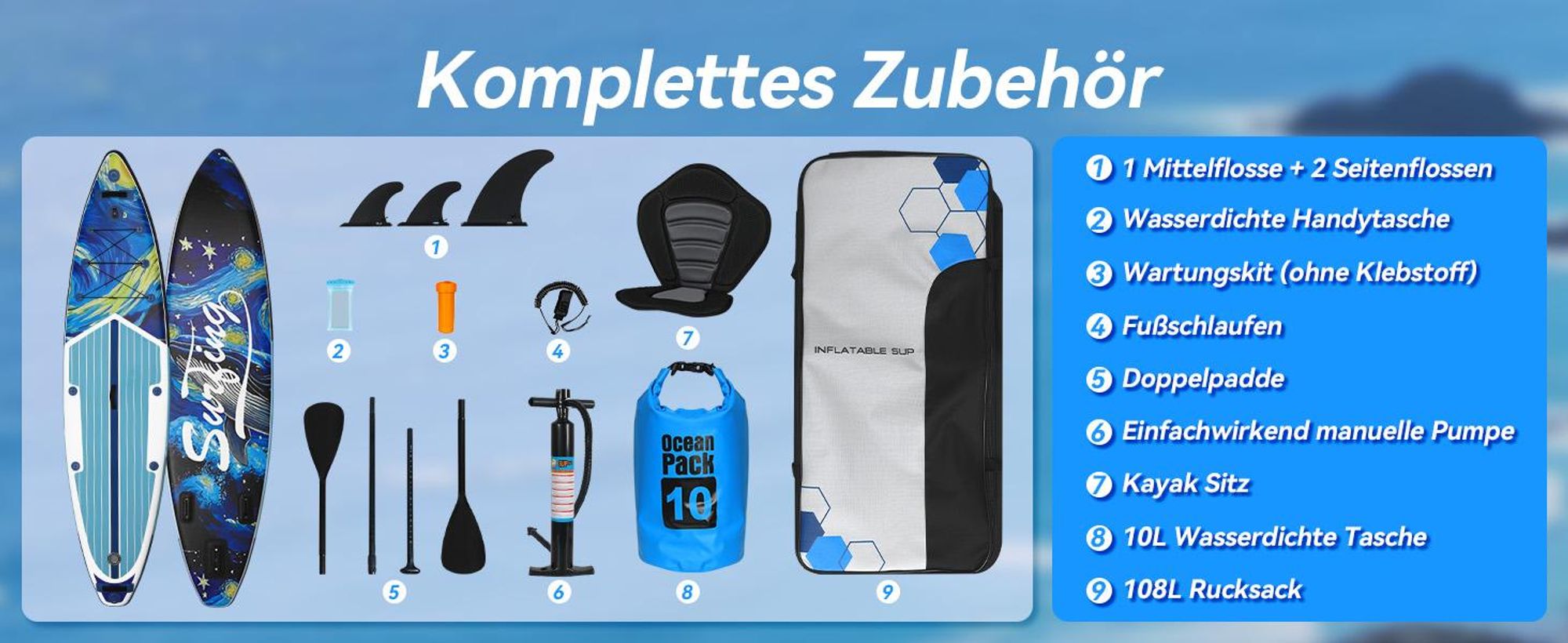 Puluomis SUP Board mit Sitz 335cm, Stand Up Paddle Boards Set, Paddling Paddelboard Surfbrett Aufblasbar, Pumpe Tragetasche, MB. bis 150Kg Blau