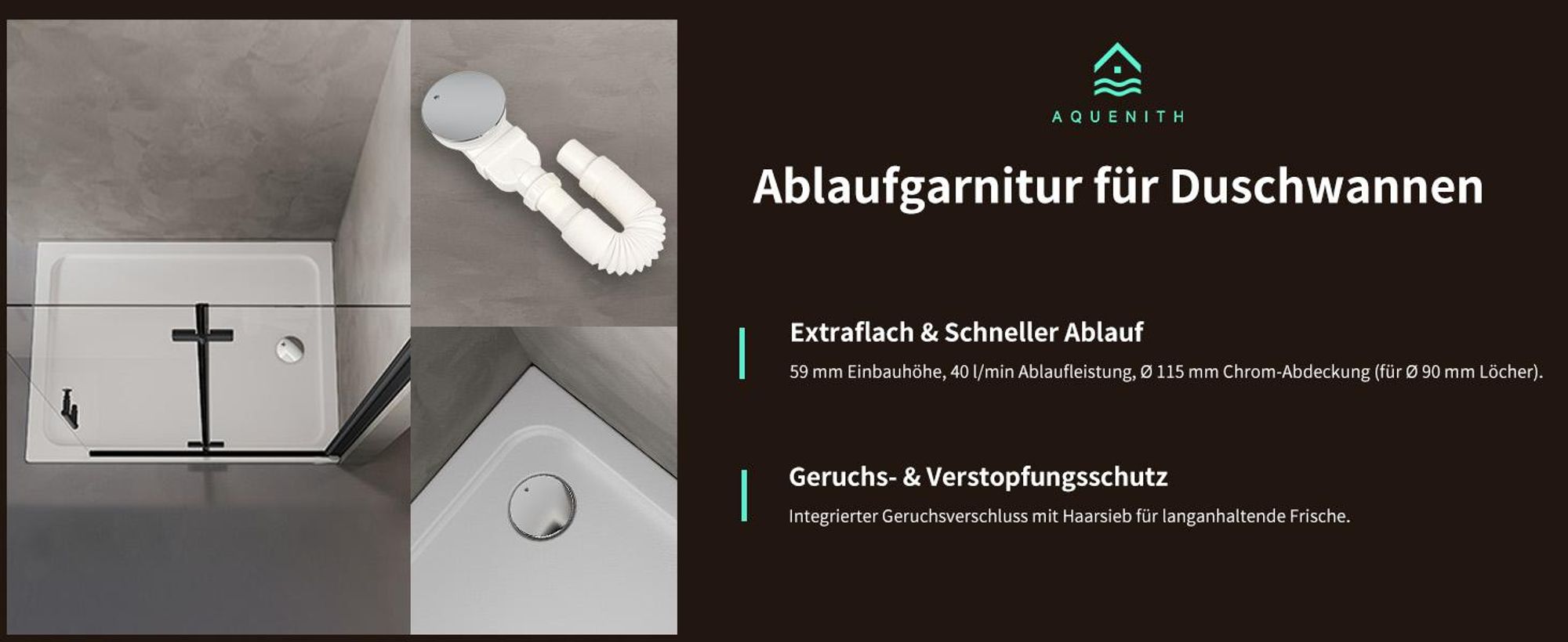 Ablaufgarnitur Dusche ⌀90 mm flach Duschablauf Siphon mit Geruchssperre Haarsieb Teleskopschlauch für Duschtasse Duschwannen